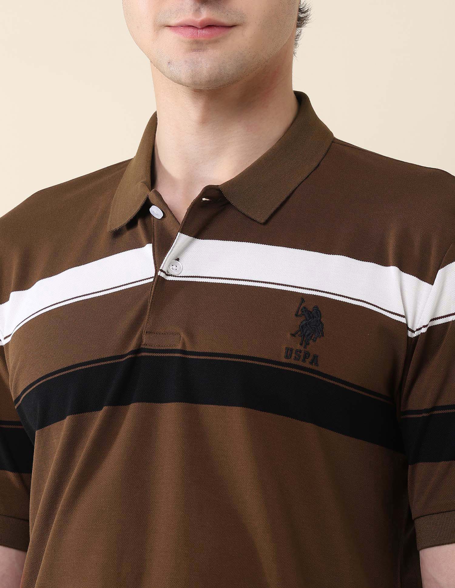 Horizontal Striped Modern Monochrome Polo Shirt Brown - U.S. Polo Assn. India | Large