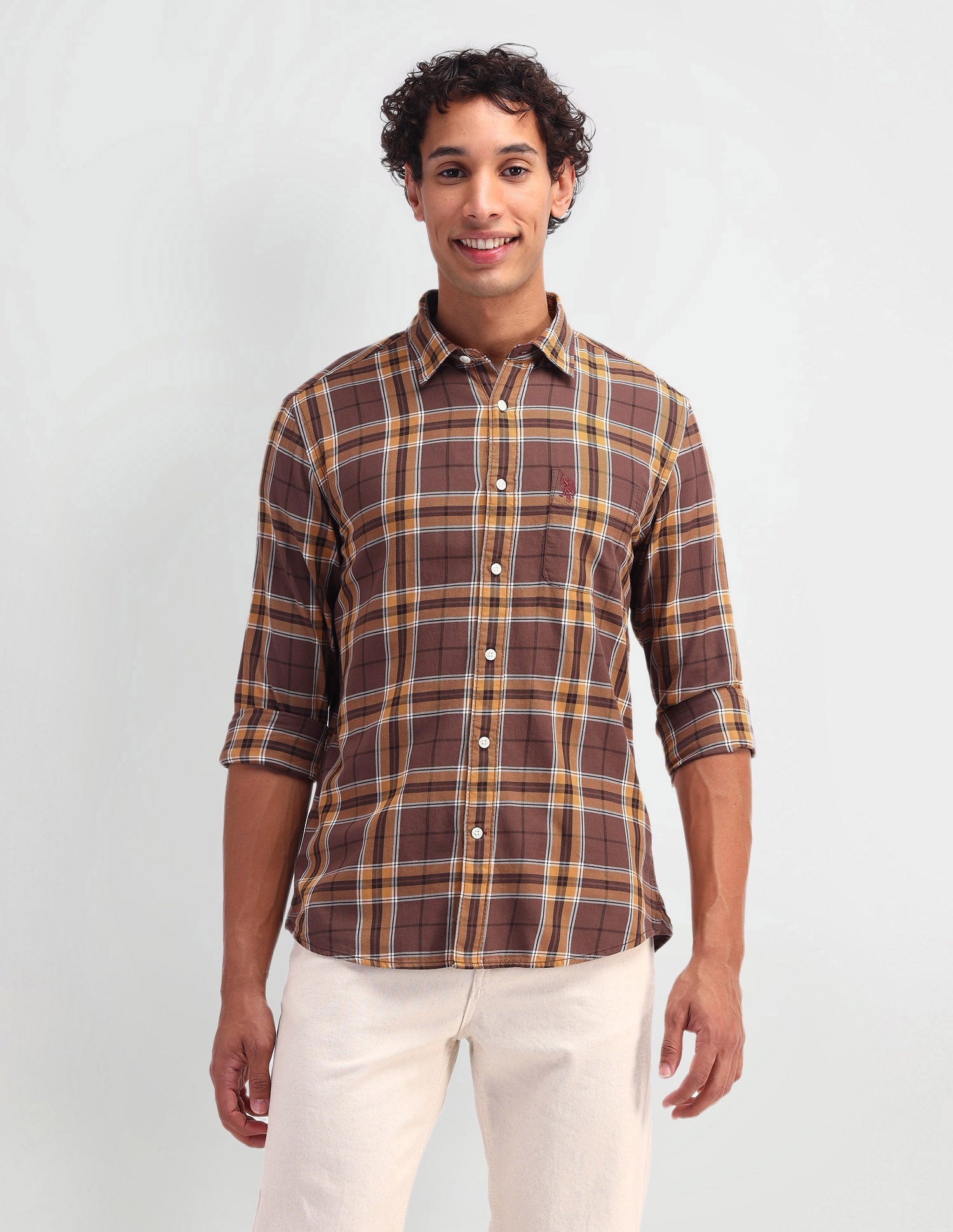 Slim Fit Madras Checked Shirt Ochre - U.S. Polo Assn. India | Large