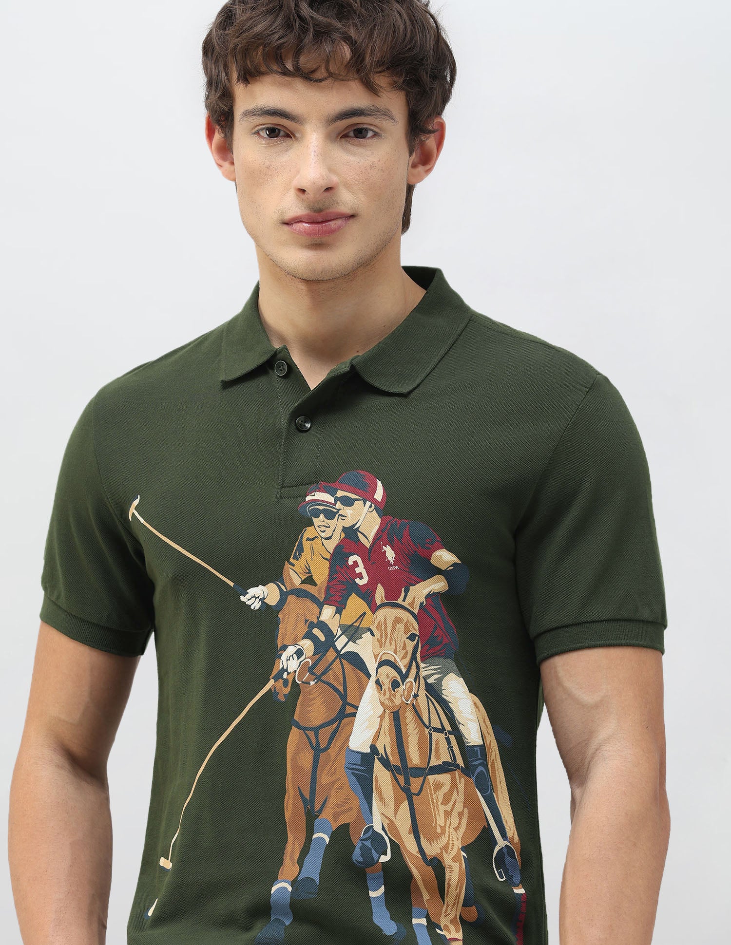 Motel On The Coast Graphic Brand Printed Polo Shirt Olive - U.S. Polo Assn. India | Large