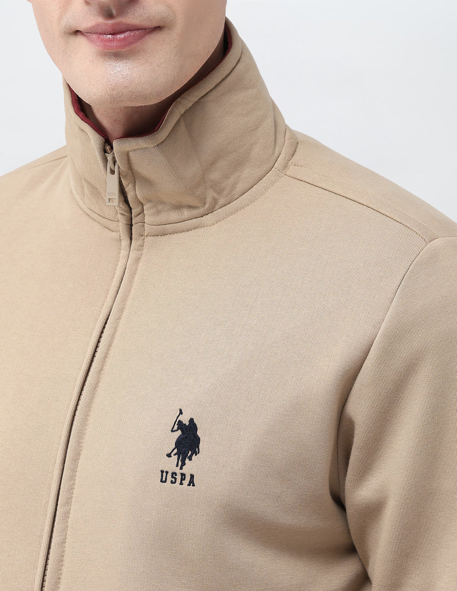Brand Embroidered Zipper Sweatshirt Beige - U.S. Polo Assn. India | Large