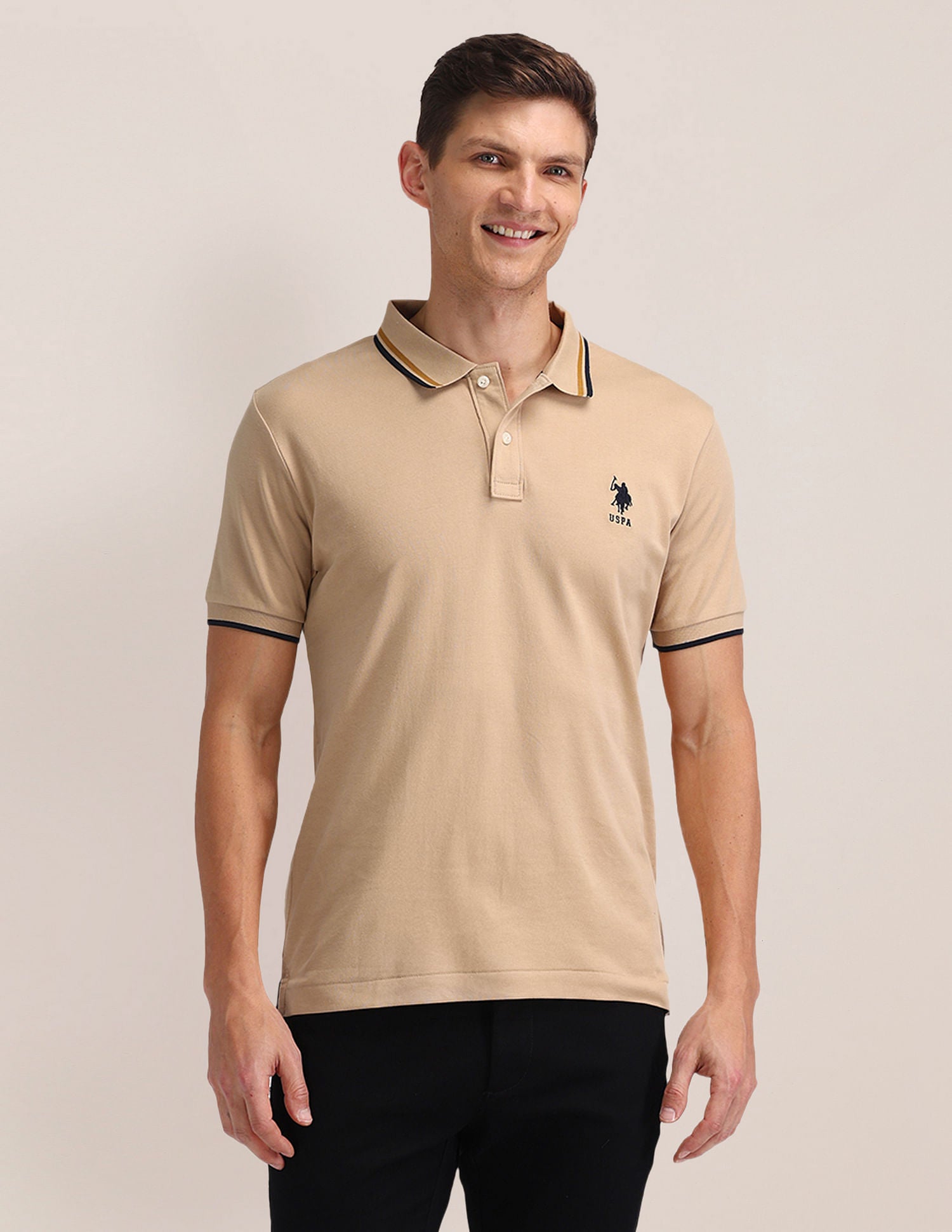 Solid Straight Fit Polo Shirt Beige - U.S. POLO ASSN. | Large