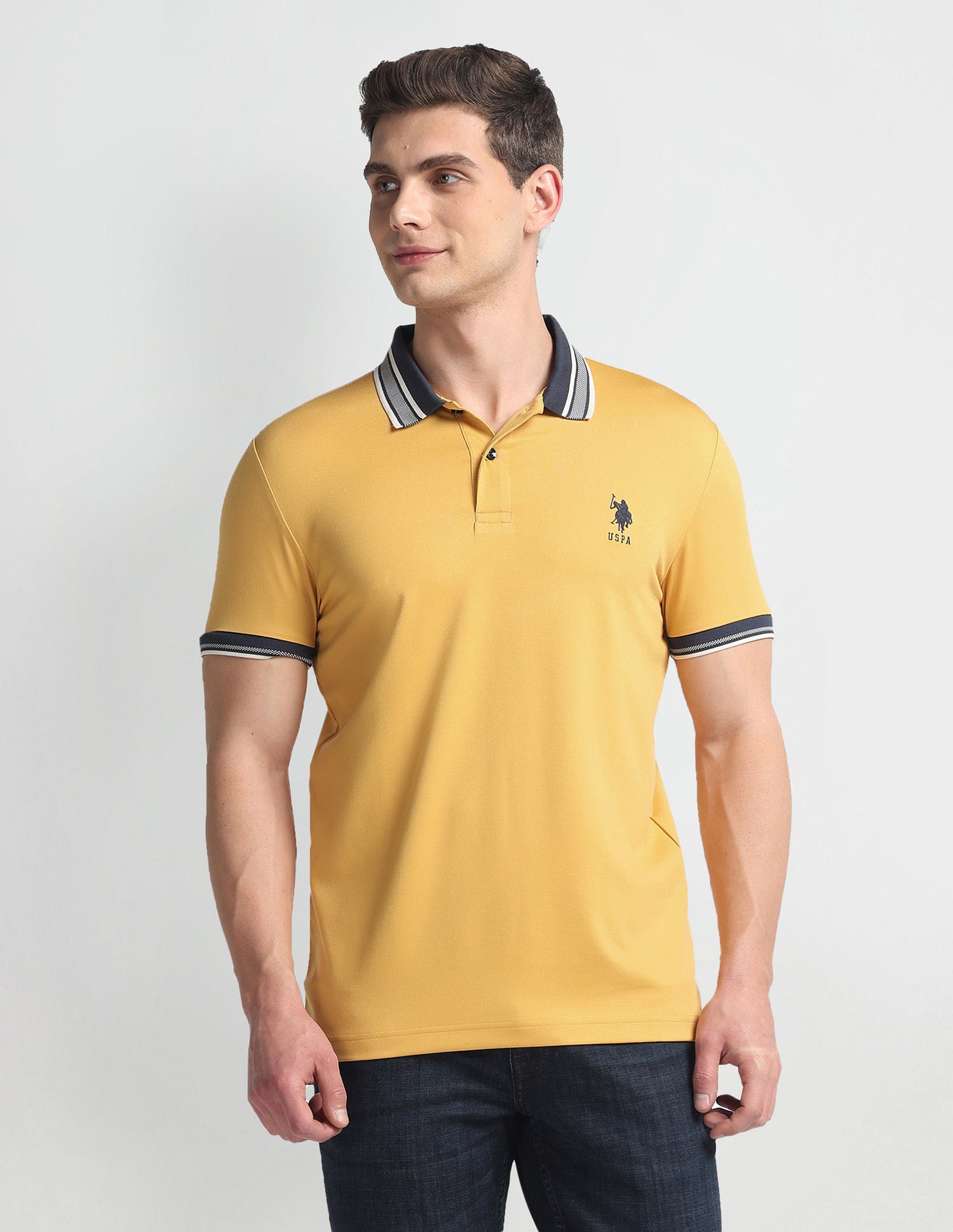Striped Collar Muscle Fit Polo Shirt Mustard - U.S. Polo Assn. India | Large