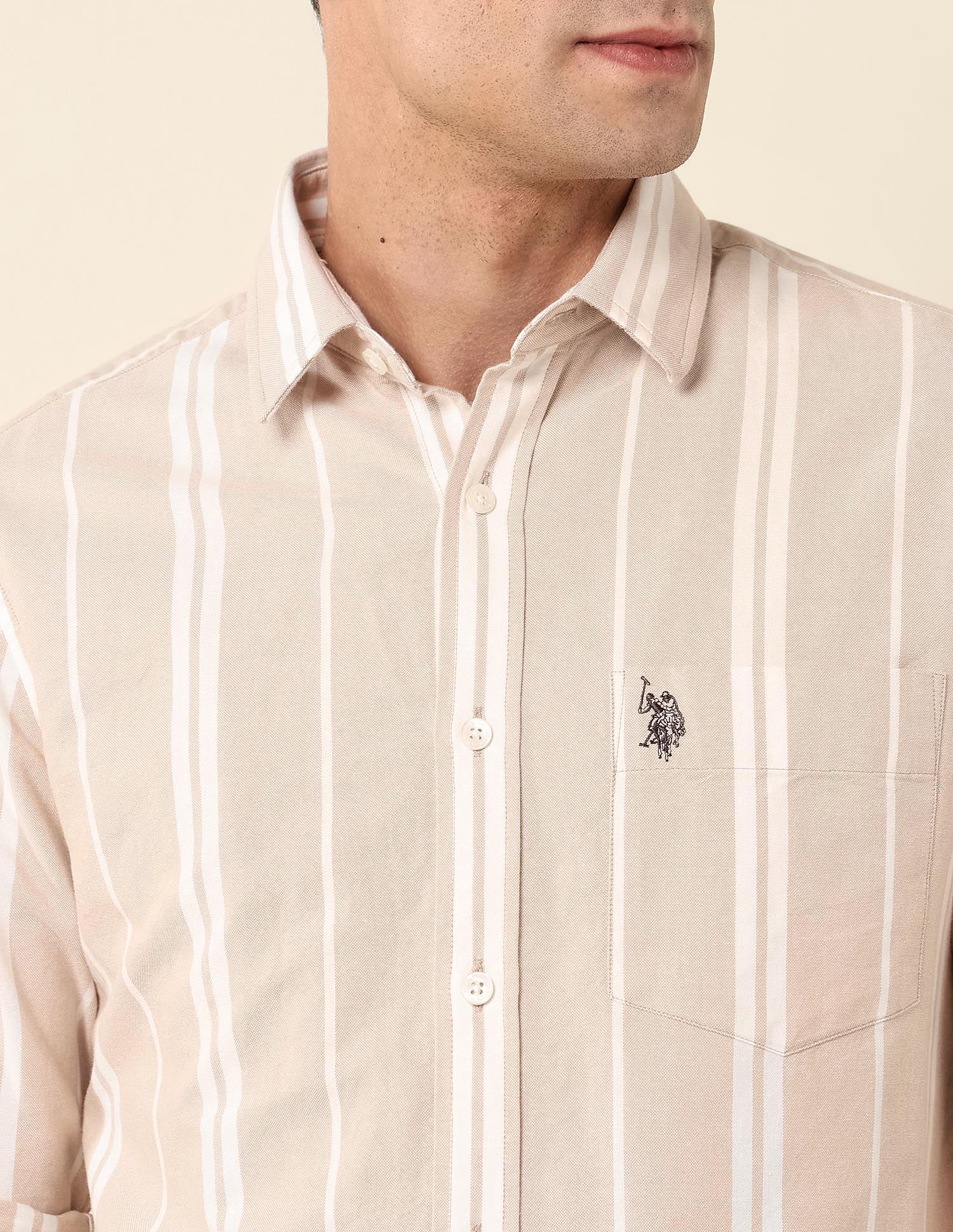 Vertical Striped Tailored Fit Shirt Beige - U.S. Polo Assn. India | Large