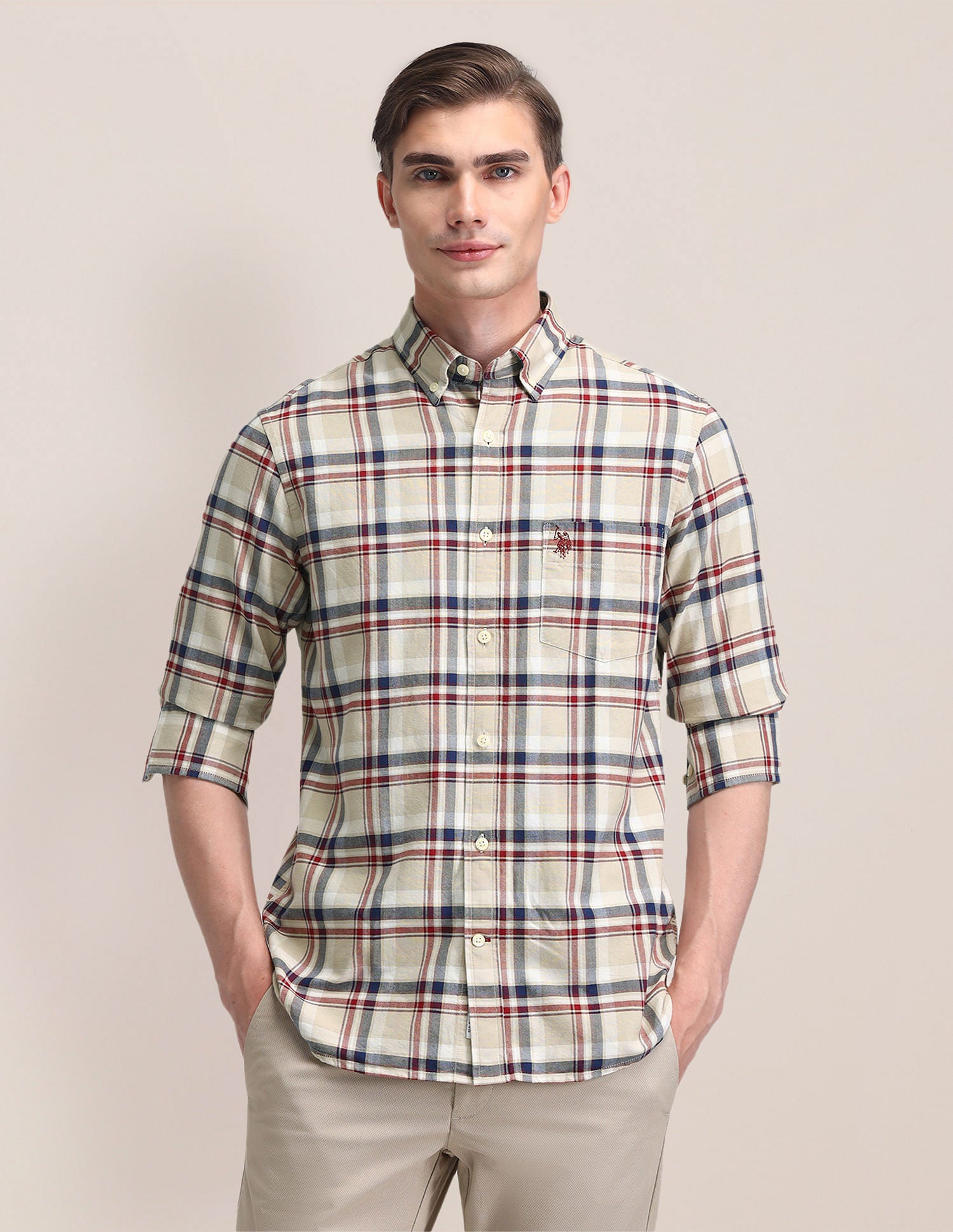 Tailored Fit Checked Shirt Beige - U.S. Polo Assn. India | Large