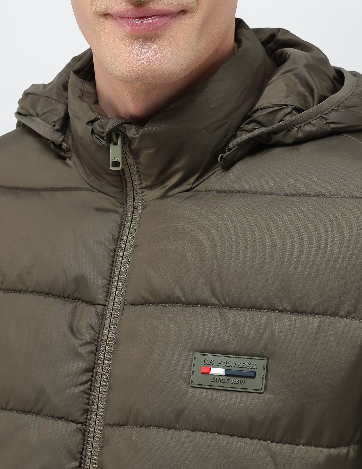 Removable Hood Solid Puffer Jacket Olive - U.S. Polo Assn. India | Large