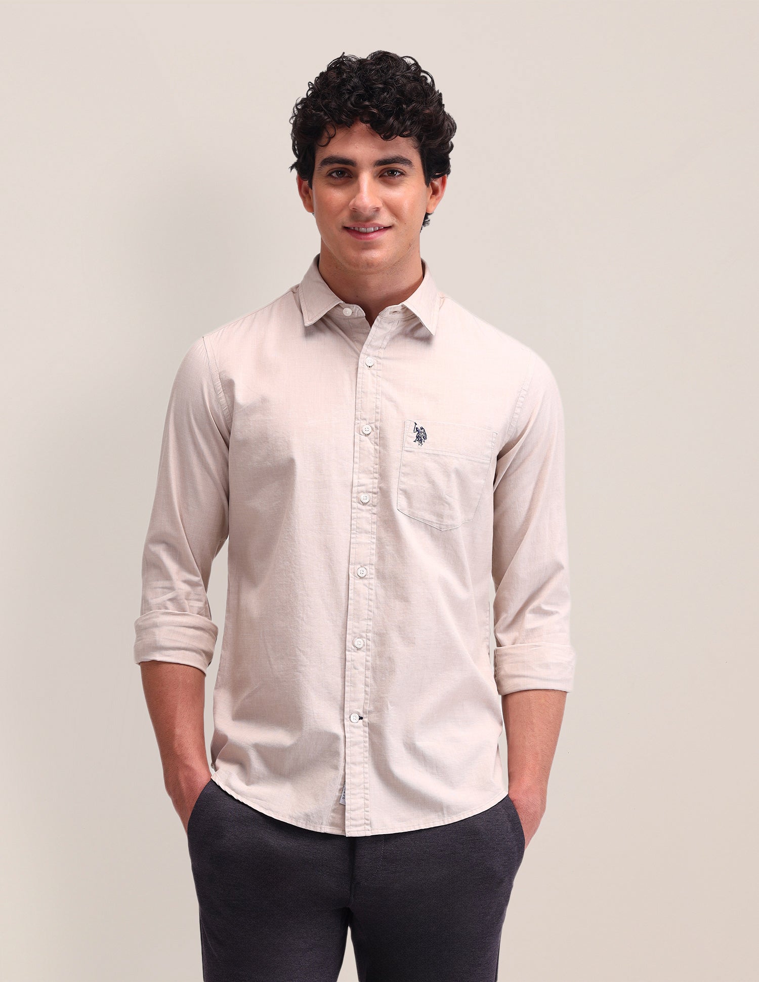Textured Pattern Poplin Shirt Light Pink - U.S. Polo Assn. India | Large