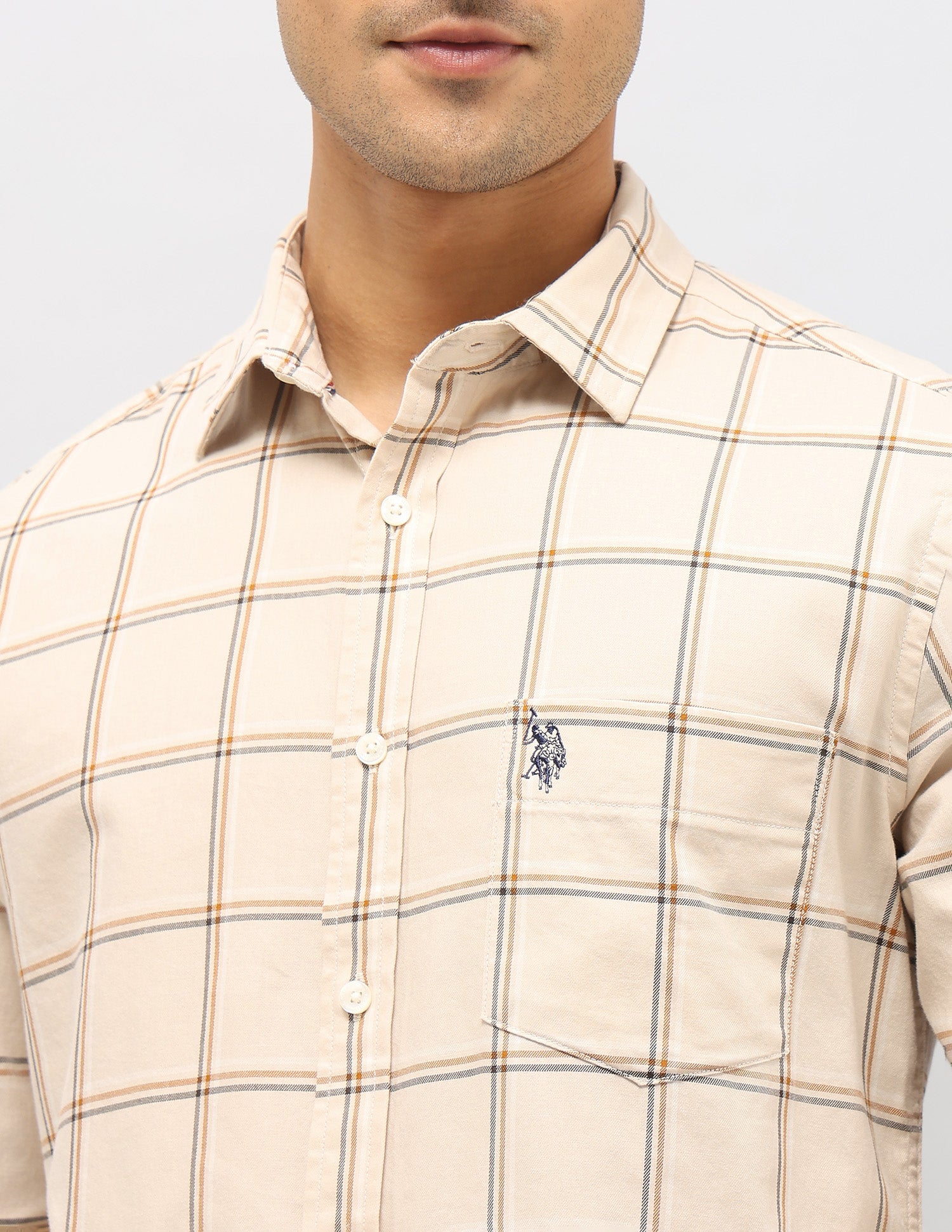 Windowpane Checked Pure Cotton Shirt Beige - U.S. Polo Assn. India | Large