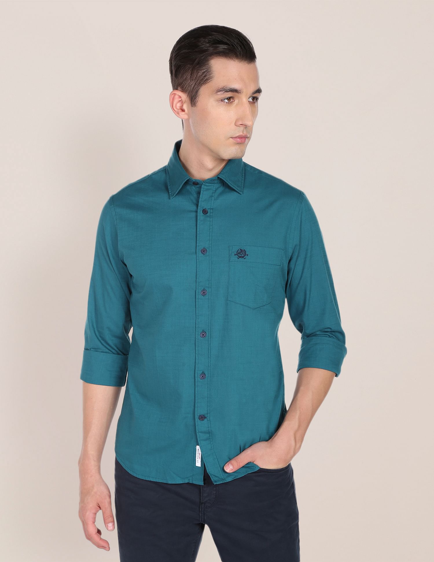 Tailored Regular Fit Cotton Casual Shirt Teal - U.S. Polo Assn. India | Large