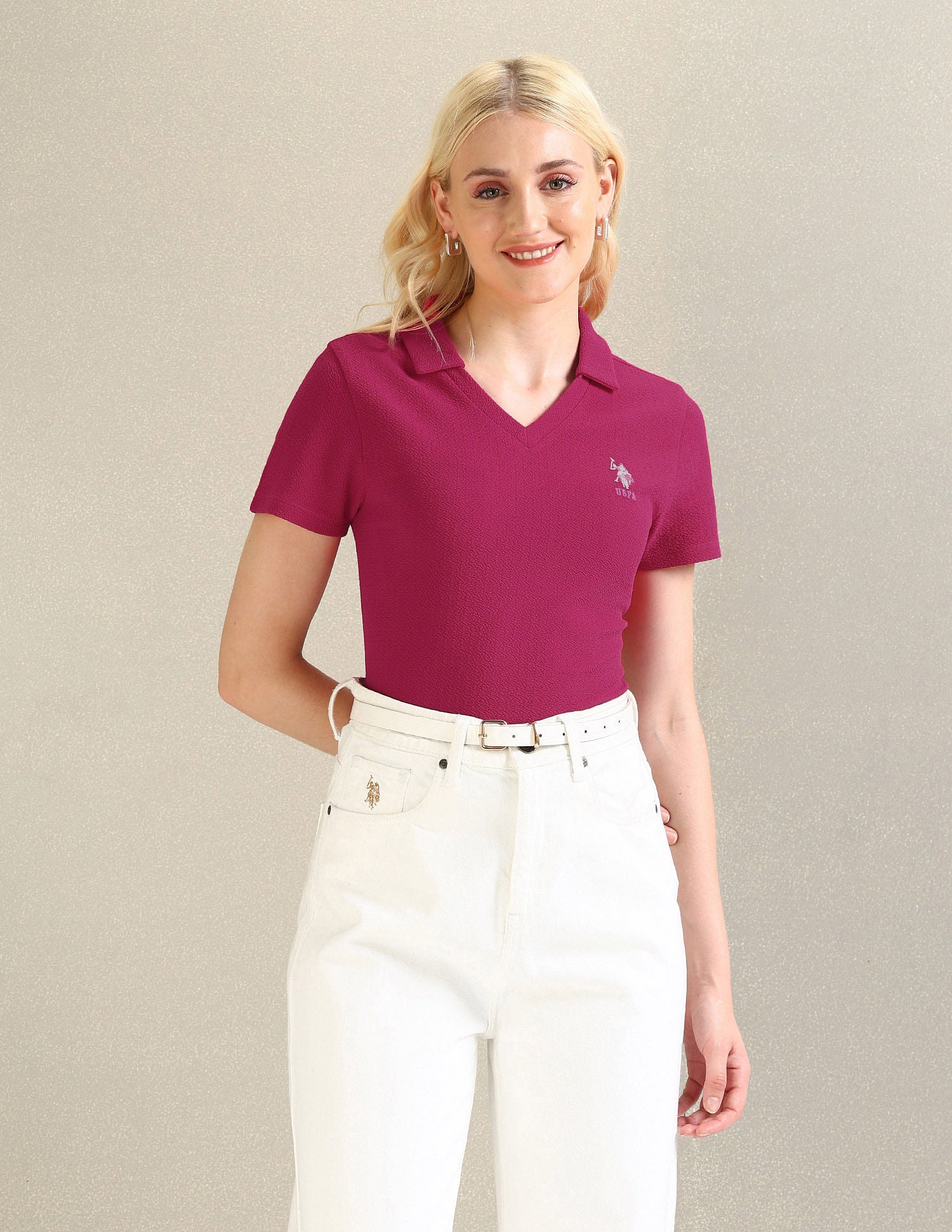 Ribbed Collar Textured Polo Shirt Dark Pink - U.S. POLO ASSN. | Large