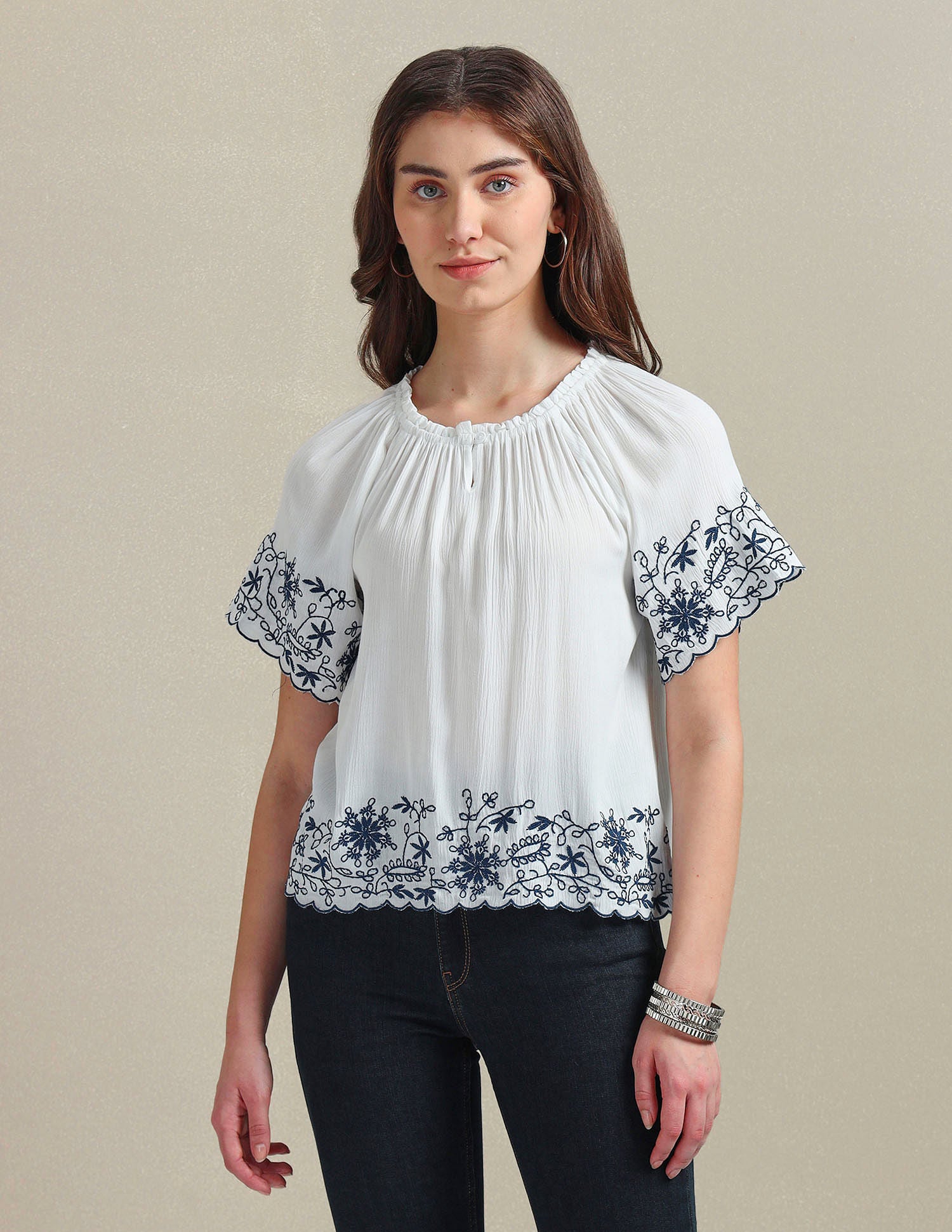 Crinkle Viscose Embroidered Top White - U.S. POLO ASSN. | Large