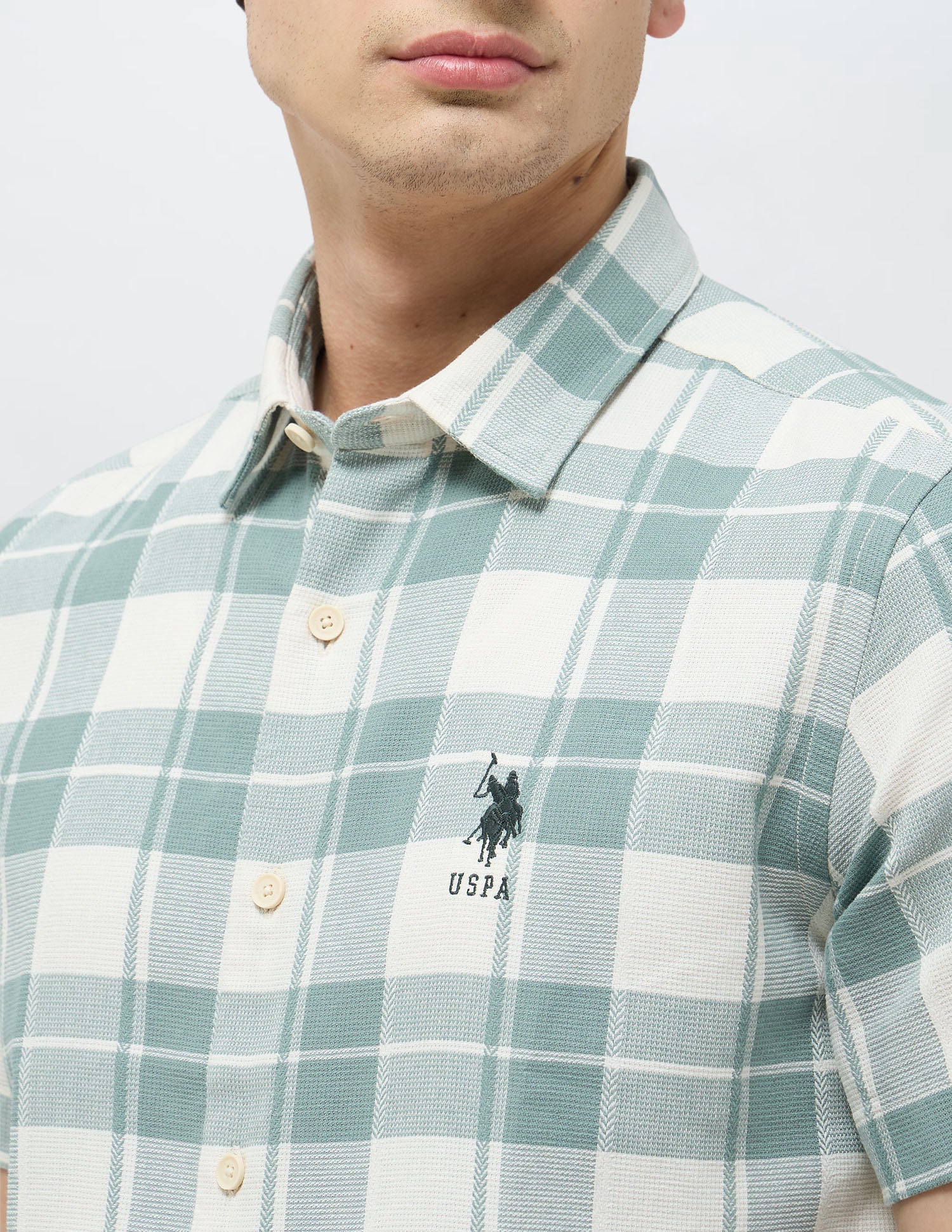Textured With Tartan Checked Shirt Light Green - U.S. POLO ASSN. | Large