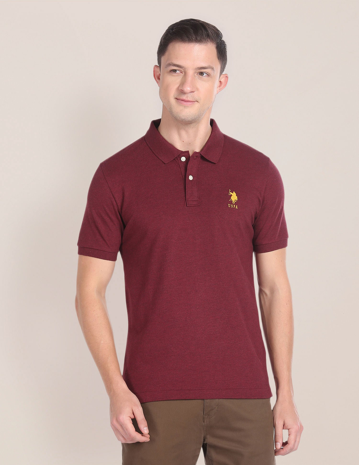 Embroidered Logo Heathered Polo Shirt Maroon - U.S. Polo Assn. India | Large