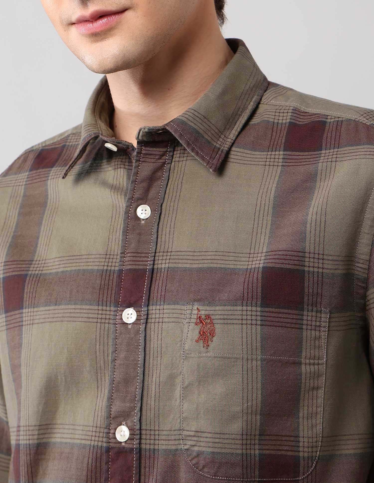 Windowpane Checked Pure Cotton Shirt Olive - U.S. Polo Assn. India | Large
