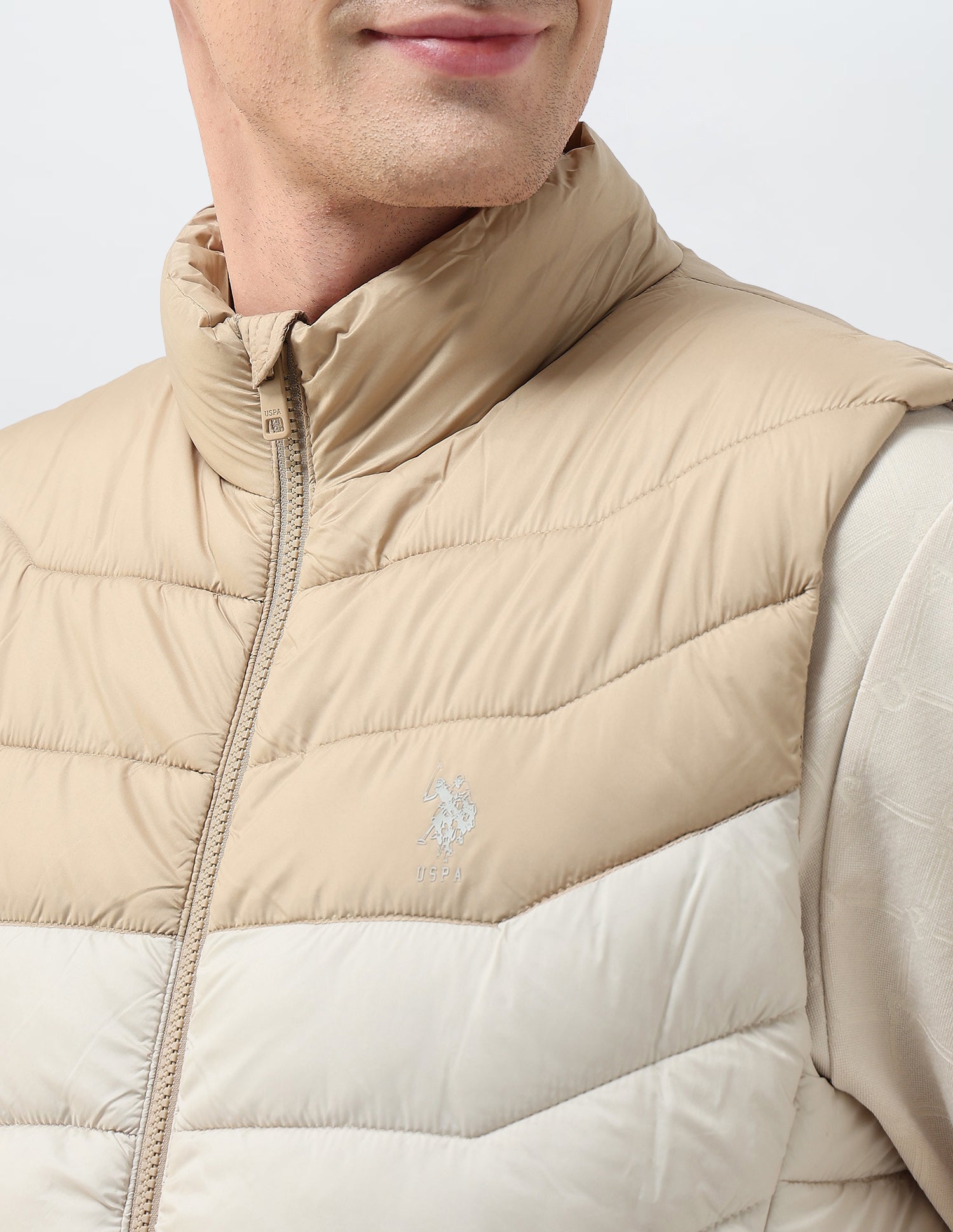 Colour Blocked Removable Hood Puffer Jacket Ecru - U.S. POLO ASSN. | Large