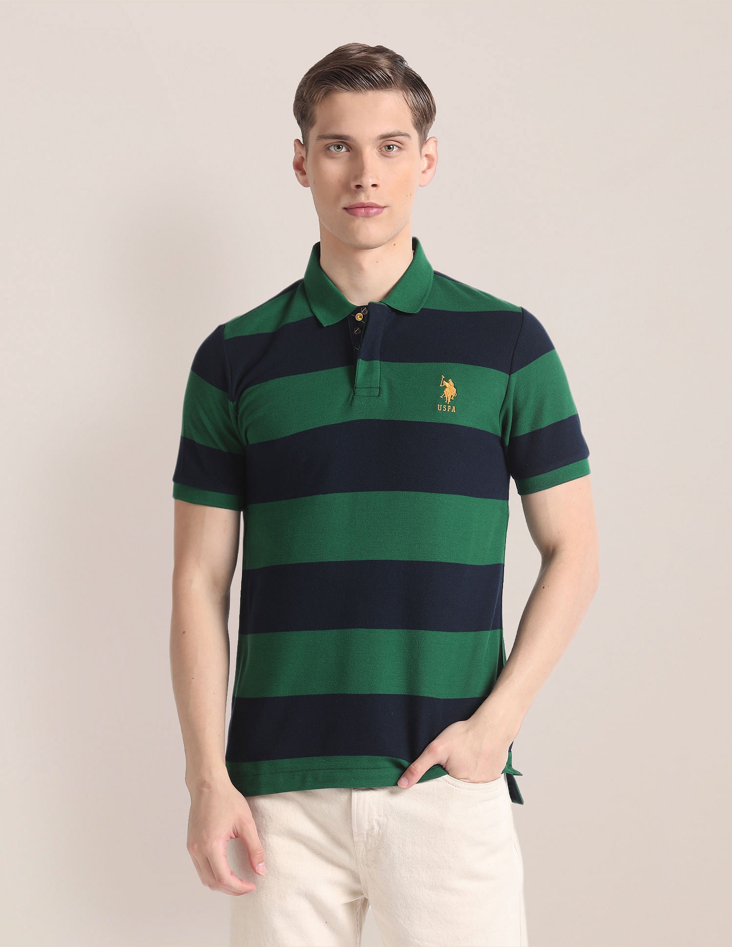 Horizontal Stripe Slim Polo Shirt Dark Green - U.S. Polo Assn. India | Large