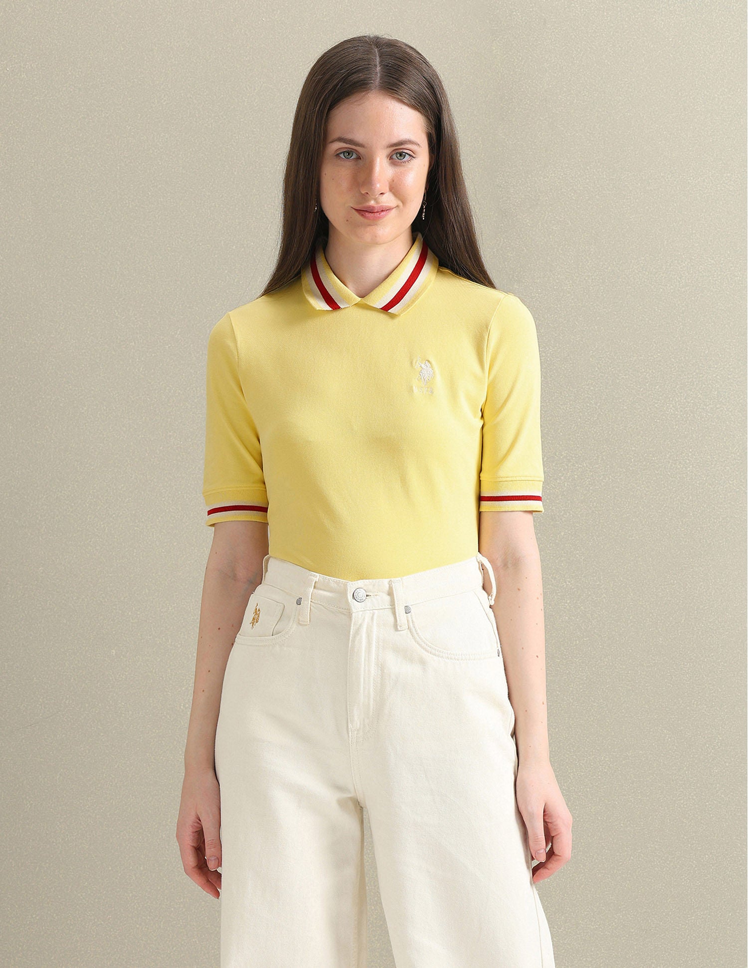 Striped Collar Pique Polo Shirt Light Yellow - U.S. POLO ASSN. | Large