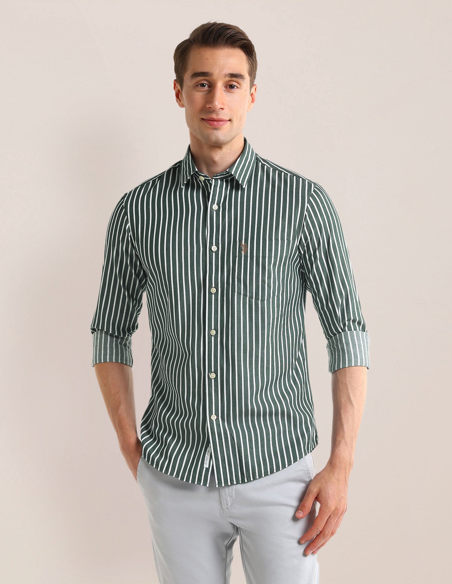 Tailored Fit Vertical Striped Shirt Dark-Green - U.S. Polo Assn. India | Large