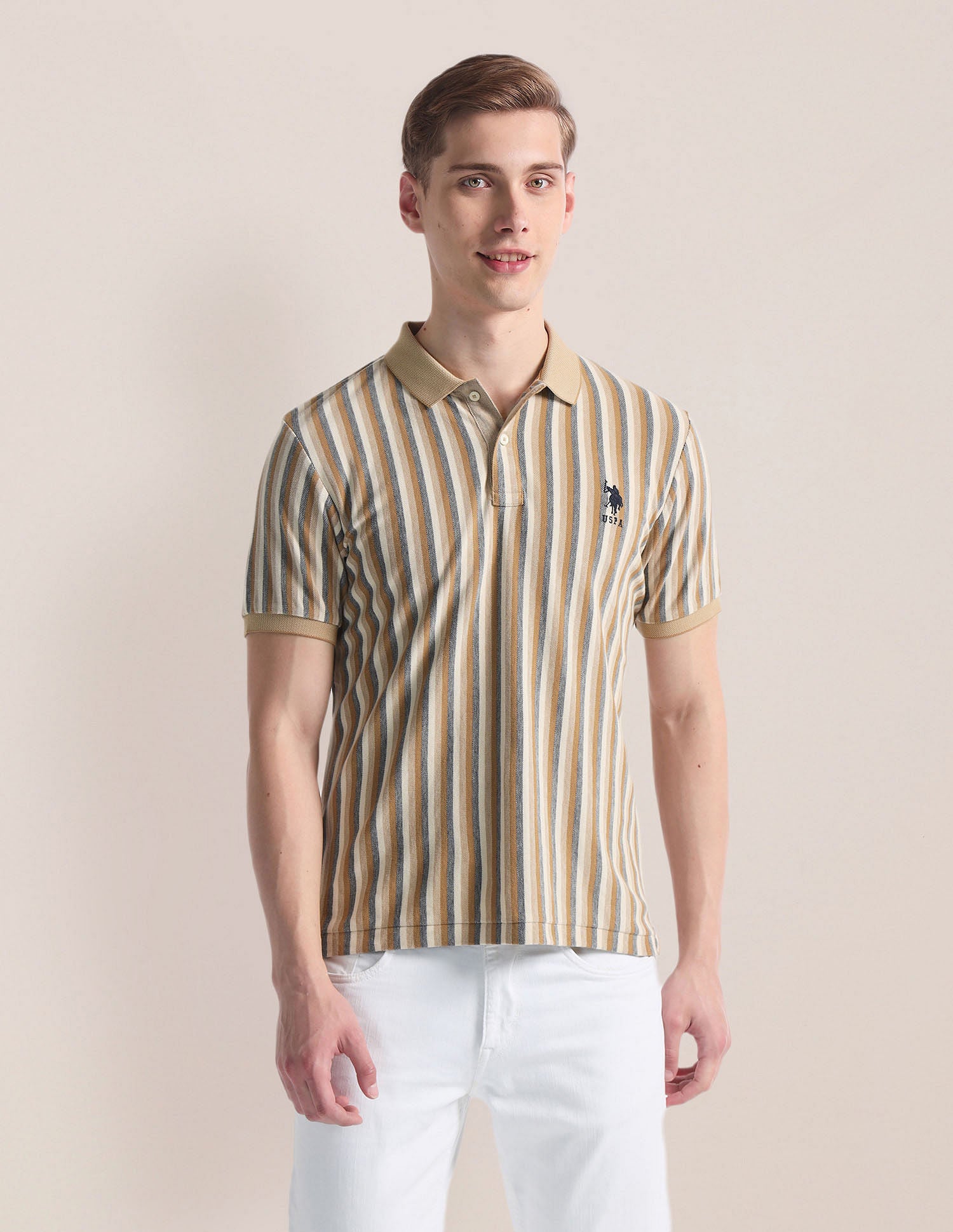 Vertical Stripe Logo Polo Shirt Beige - U.S. Polo Assn. India | Large