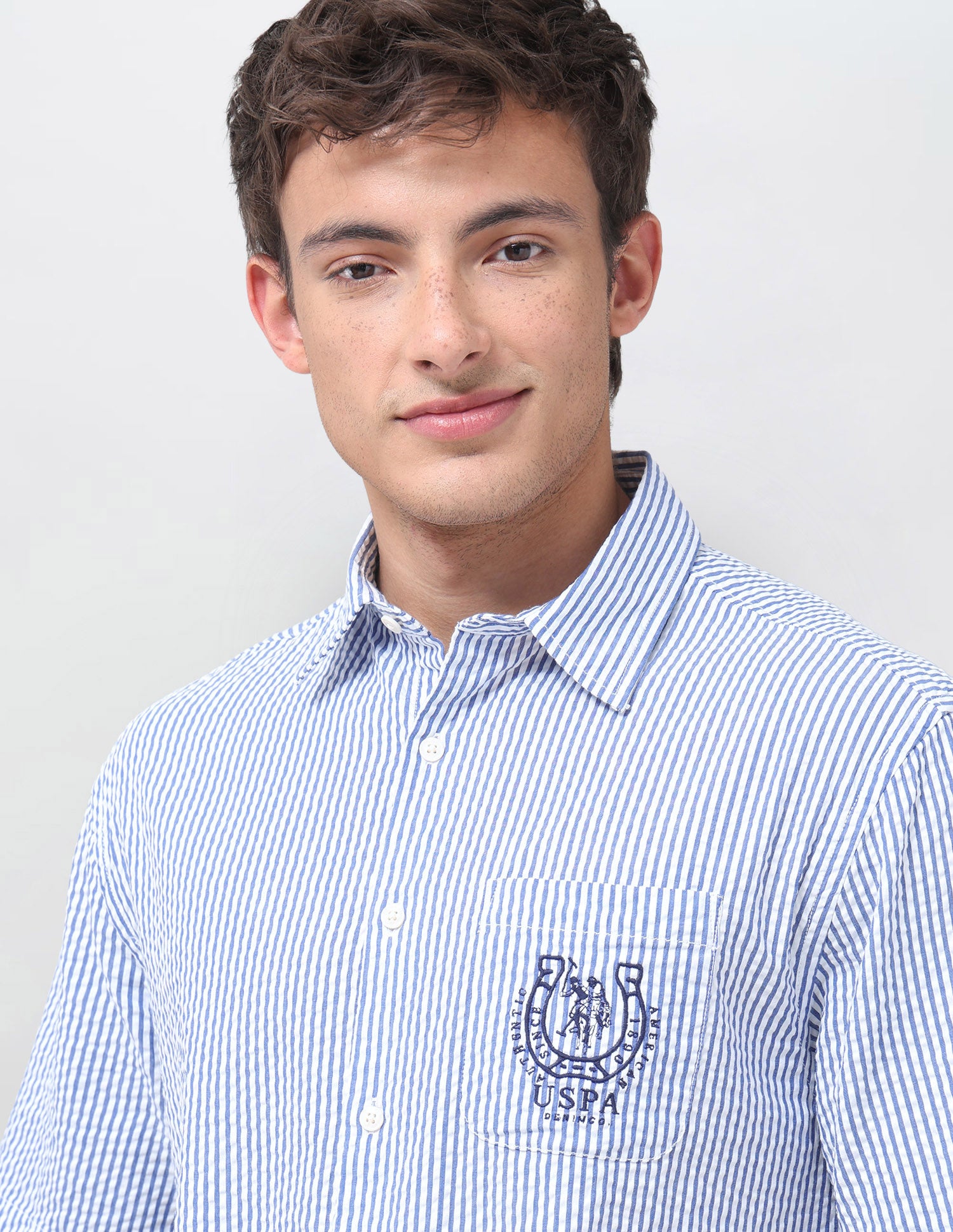 Brand Embroidered Seersucker Shirt Blue - U.S. Polo Assn. India | Large