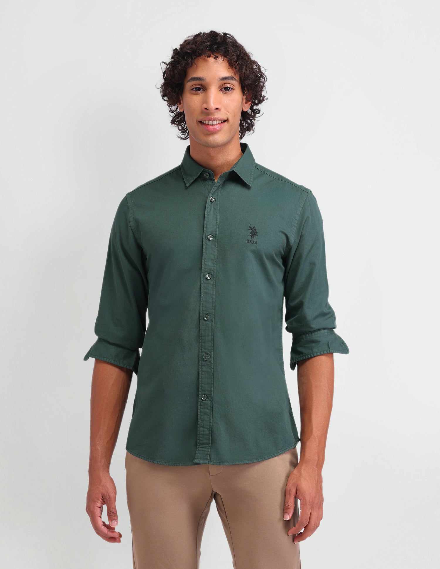 Solid Pattern Slim Fit Shirt Dark Green - U.S. Polo Assn. India | Large