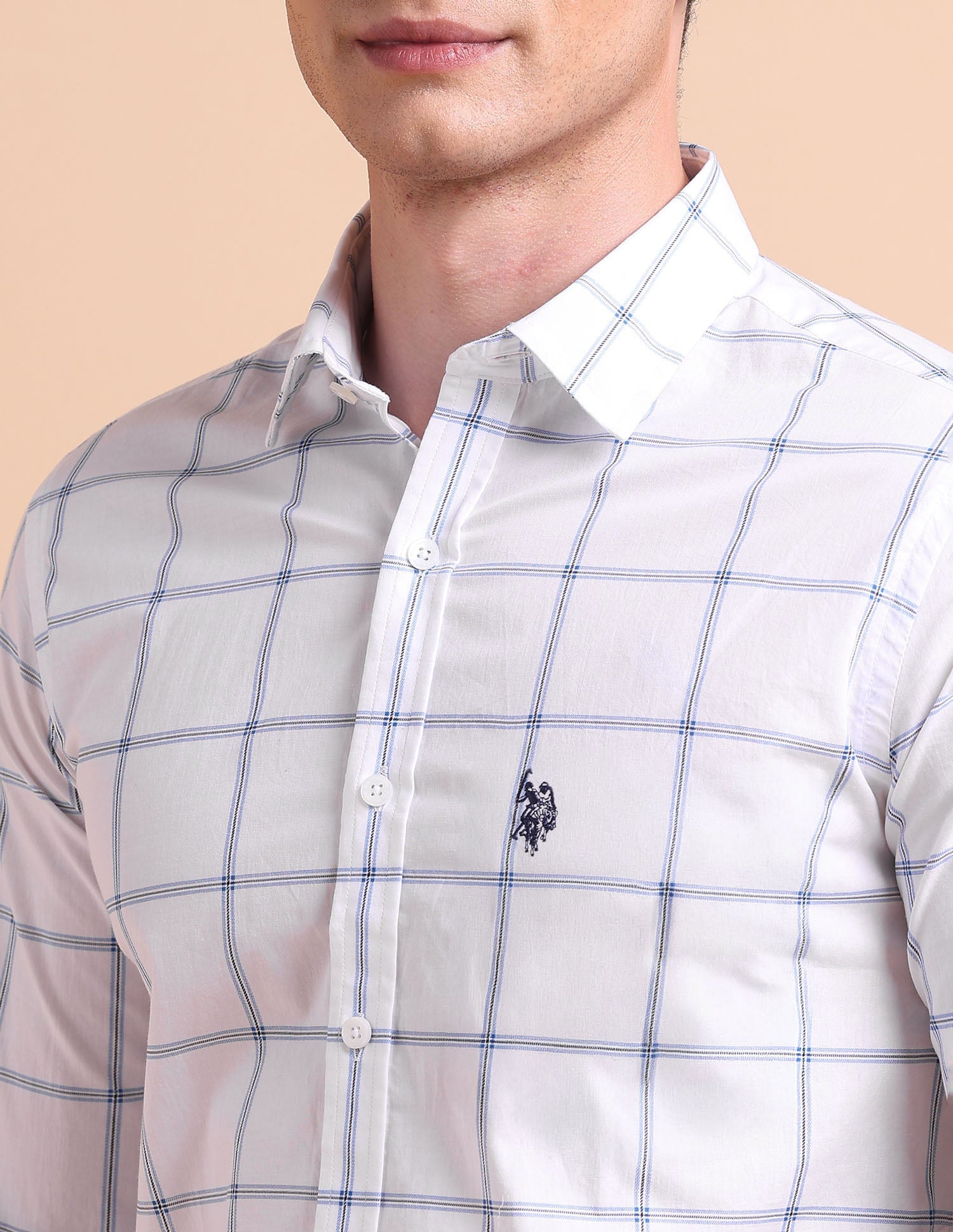 Tailored Fit Windowpane Checked Shirt White - U.S. Polo Assn. India | Large