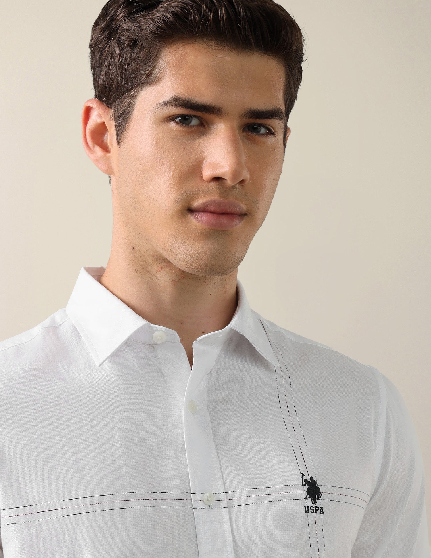 Solid With Stripe Detail Tailored Fit Shirt White - U.S. Polo Assn. India | Large