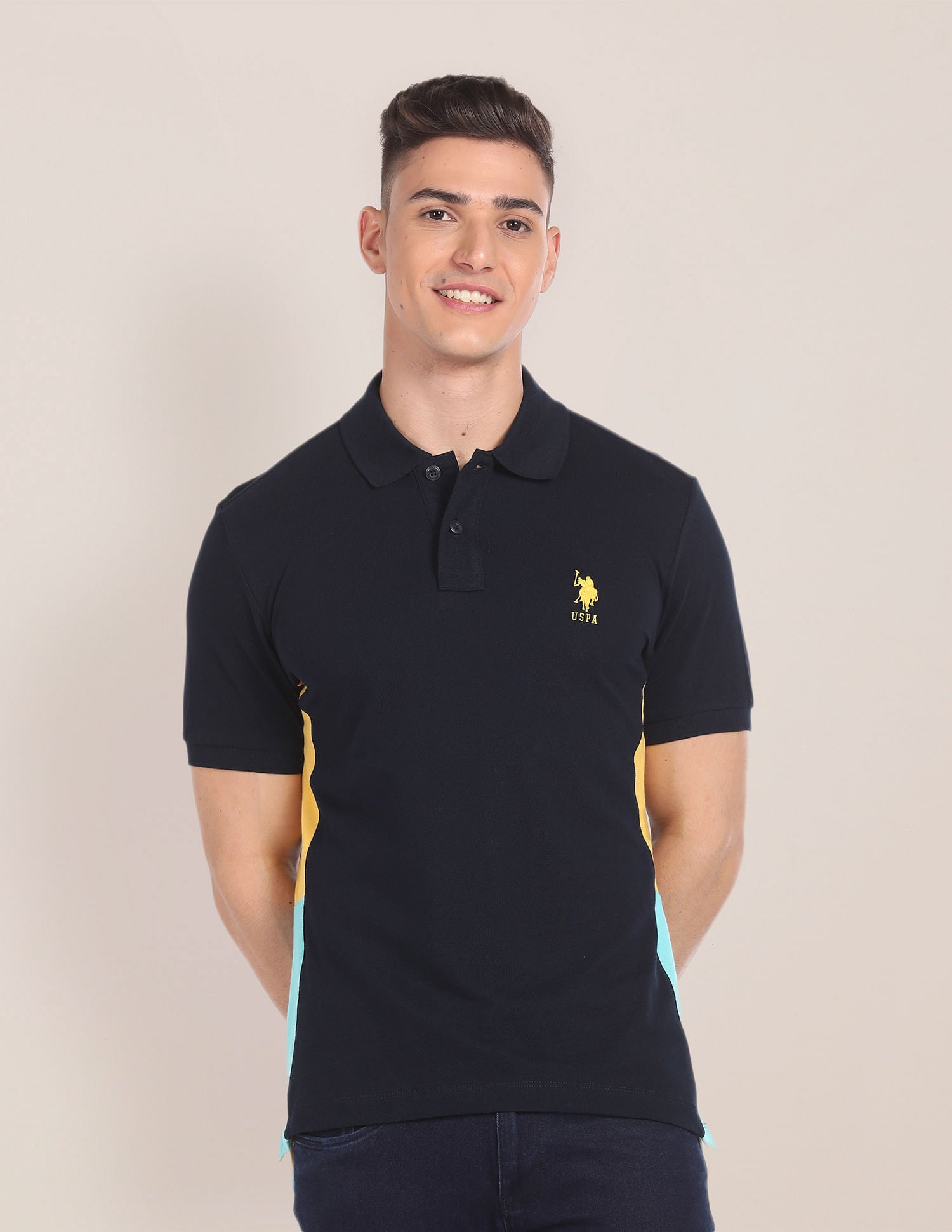 Colour Blocked Cotton Polo Shirt Navy - U.S. Polo Assn. India | Large