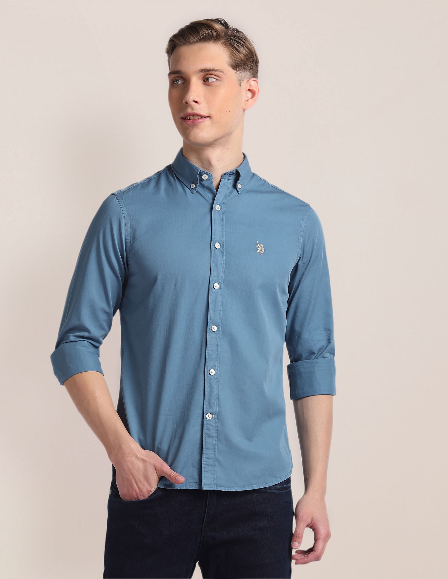 Premium Cotton Solid Shirt Blue - U.S. Polo Assn. India | Large