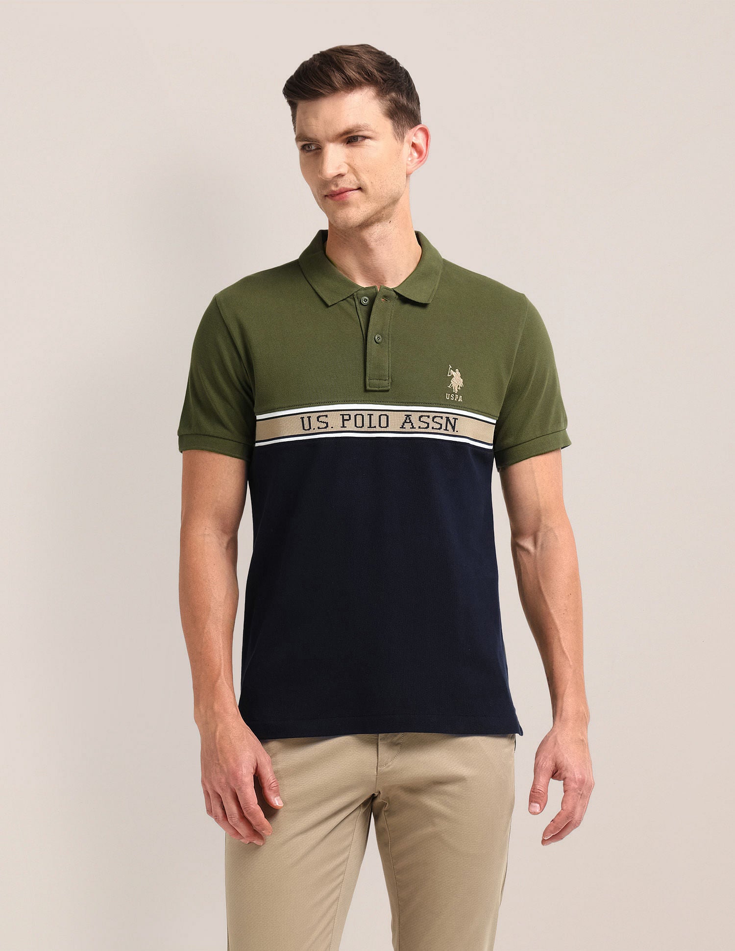 Slim Fit Colour Blocked Polo Shirt Olive - U.S. Polo Assn. India | Large