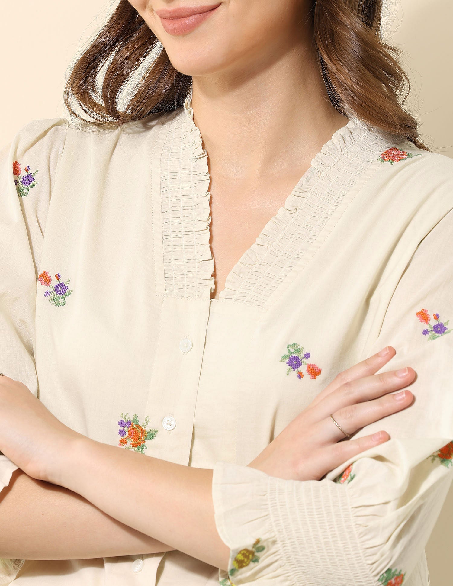 Floral Embroidered Ruffle Top Ecru - U.S. Polo Assn. India | Large