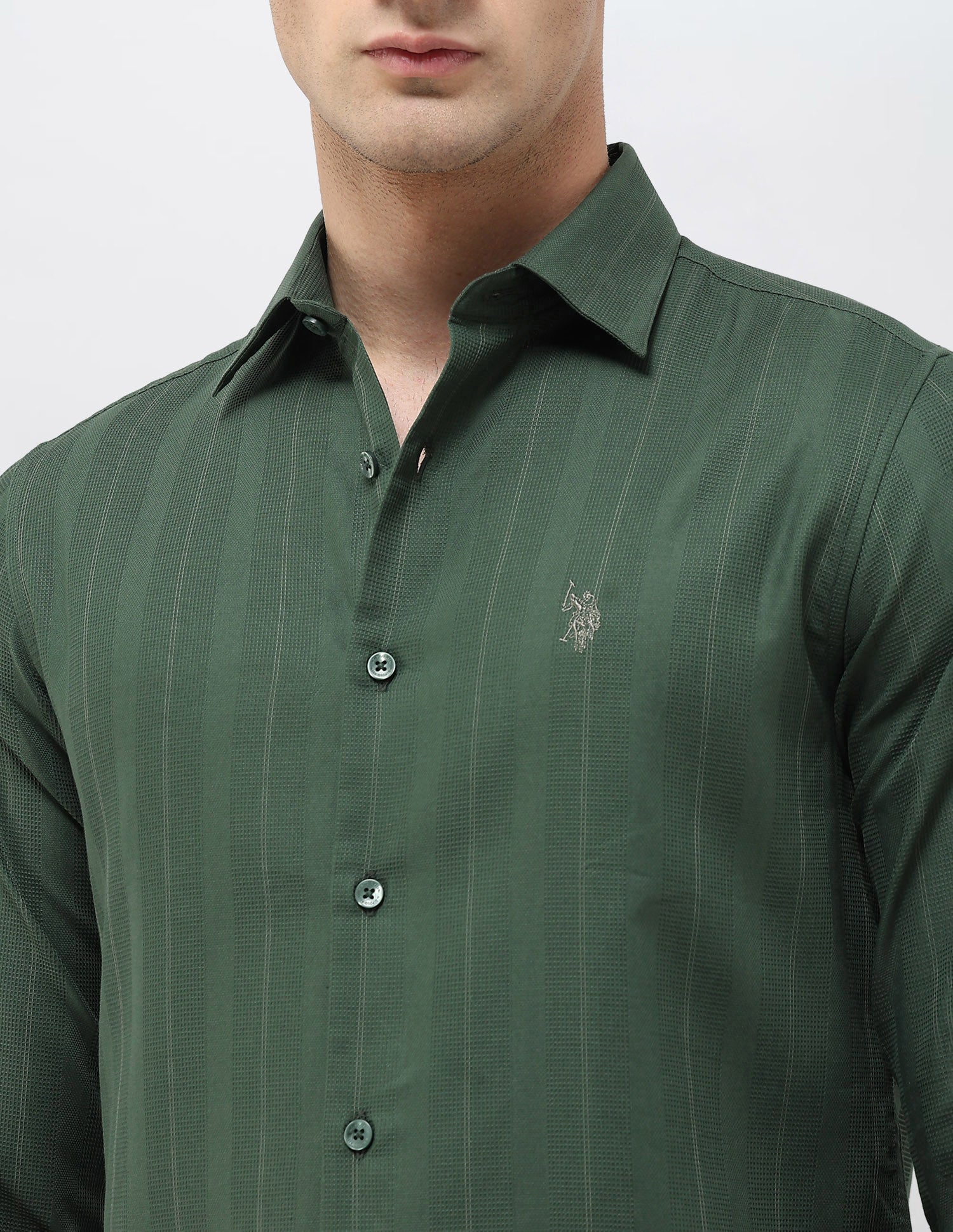Regular Fit Textured With Vertical Striped Shirt Green - U.S. POLO ASSN. | Large