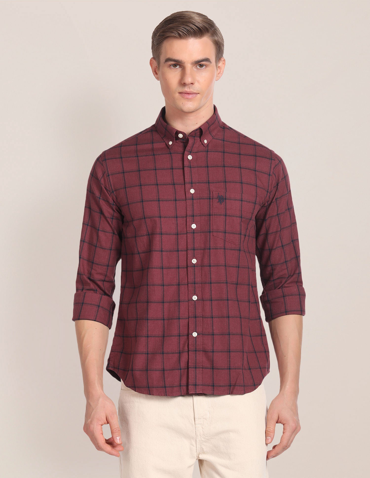 Windowpane Check Cotton Shirt Maroon - U.S. Polo Assn. India | Large