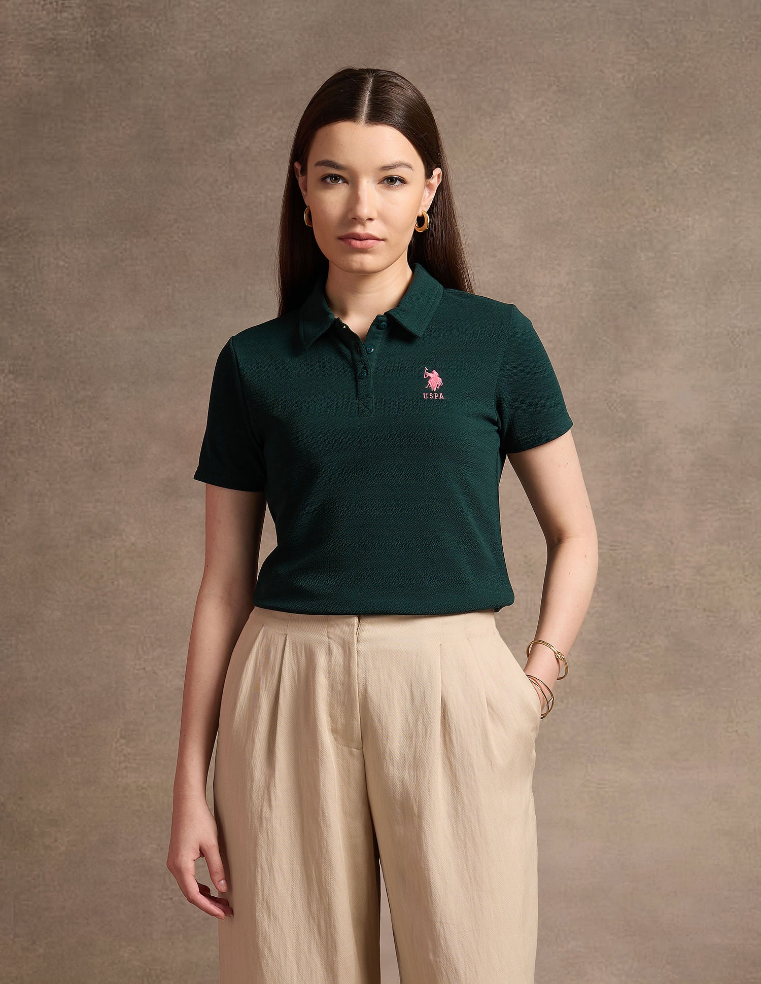 Contrast Logo Textured Polo Shirt Dark Green - U.S. POLO ASSN. | Large