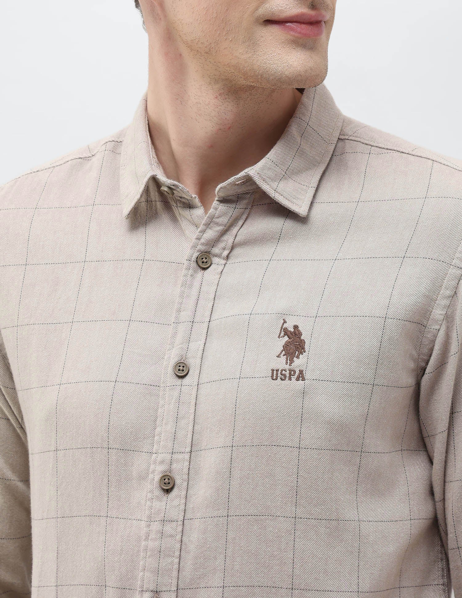 Regular Fit Windowpane Checked Shirt Light Khaki - U.S. Polo Assn. India | Large