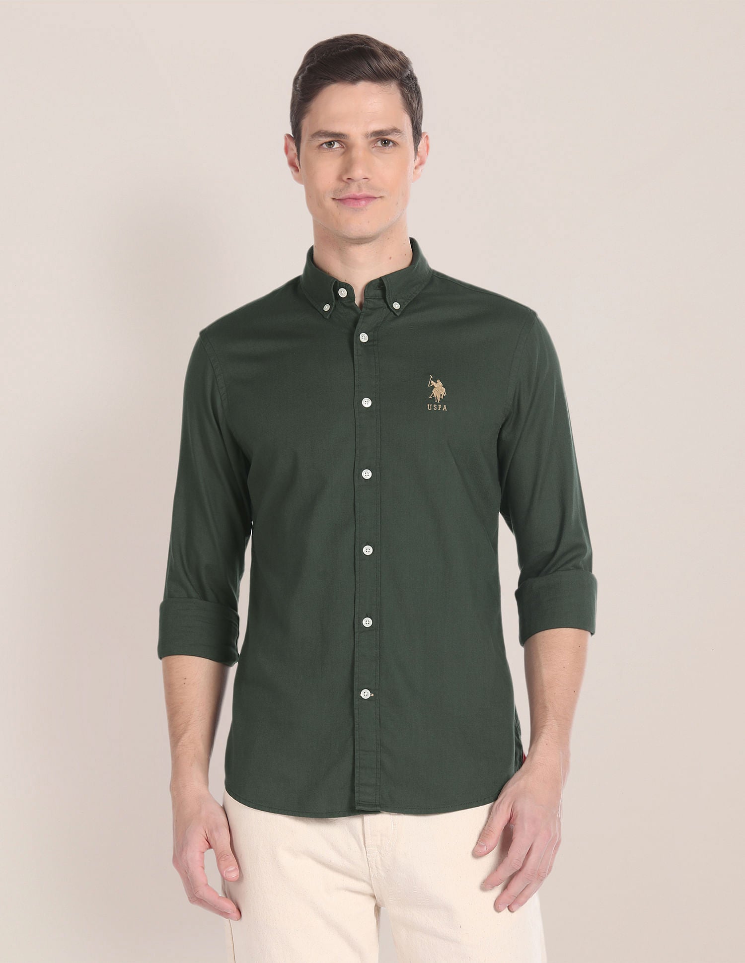 Premium Cotton Solid Shirt Olive - U.S. POLO ASSN. | Large