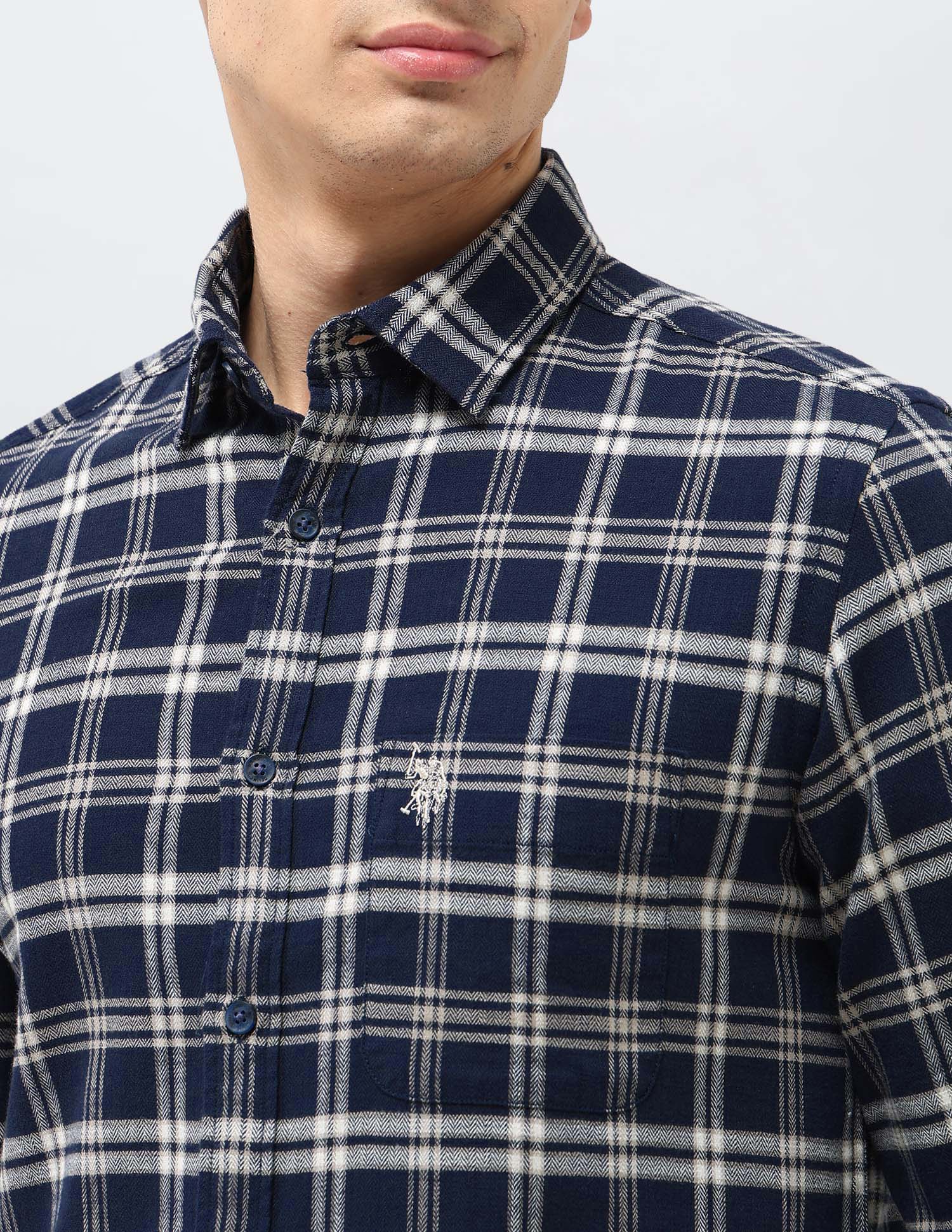 Tartan Checked Herringbone Shirt Navy - U.S. POLO ASSN. | Large