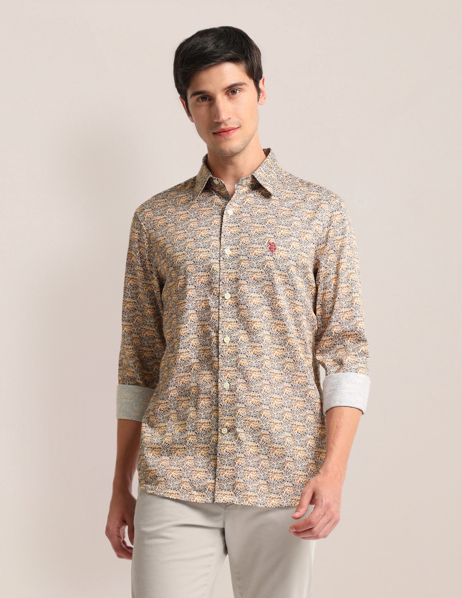 Abstract Print Sateen Shirt Khaki - U.S. POLO ASSN. | Large