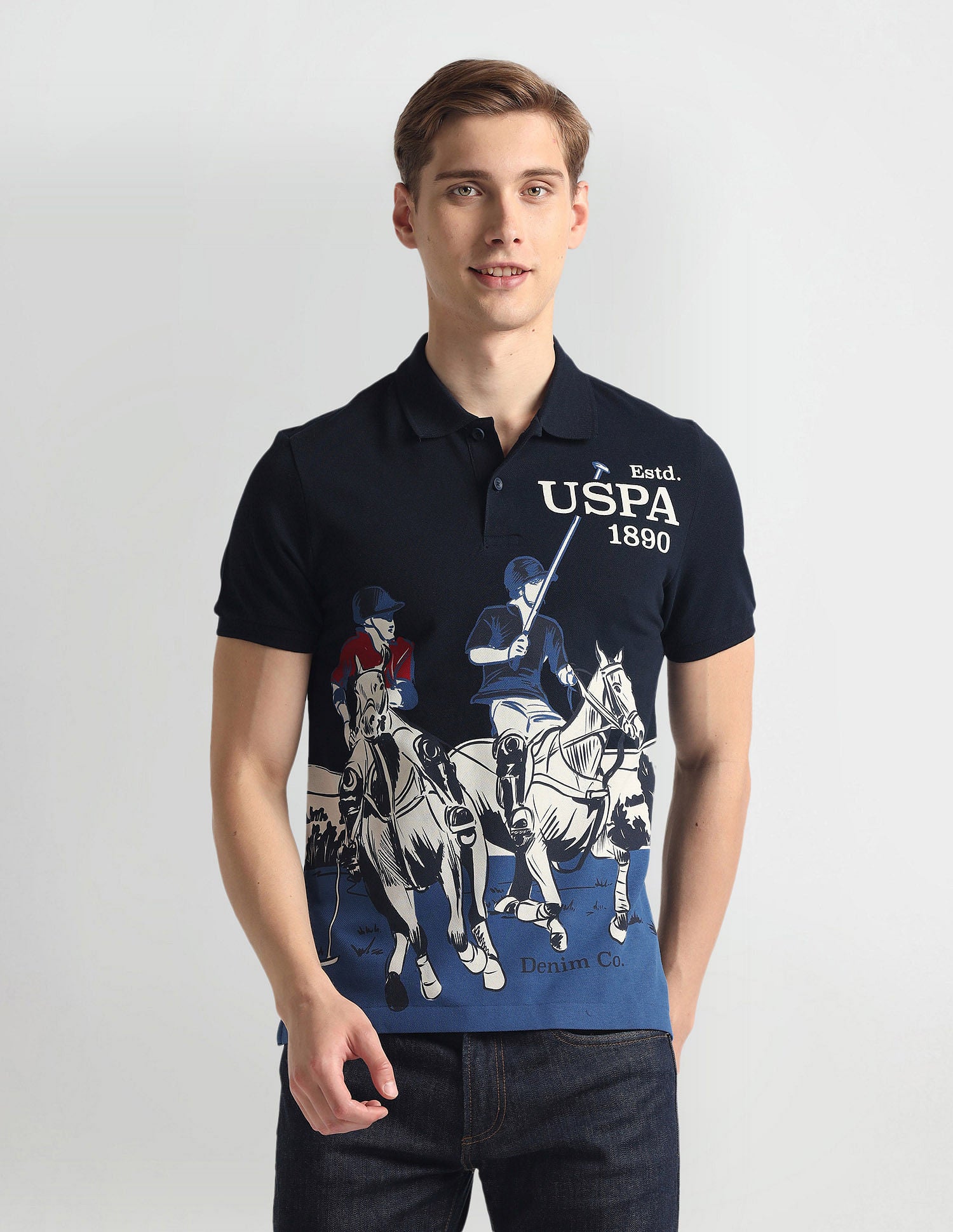 Ribbed Collar Brand Print Polo Shirt Blue - U.S. Polo Assn. India | Large