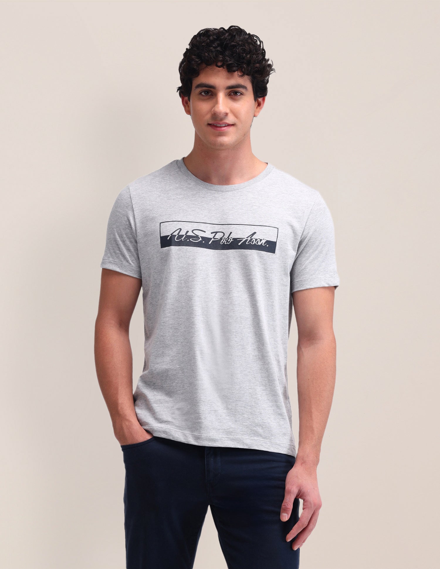 Brand Printed Cotton T-Shirt Grey - U.S. Polo Assn. India | Large