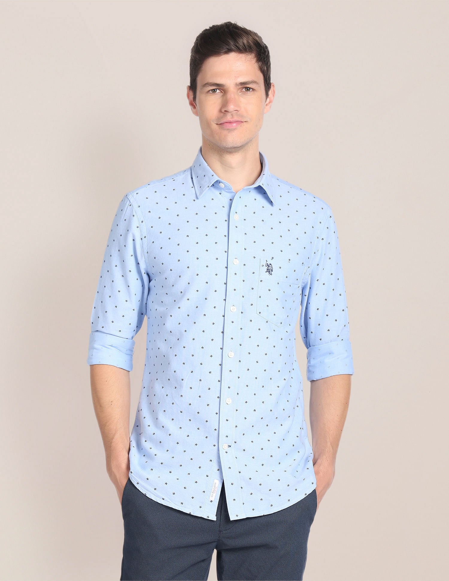 Cutaway Collar Geometric Print Shirt Blue - U.S. Polo Assn. India | Large