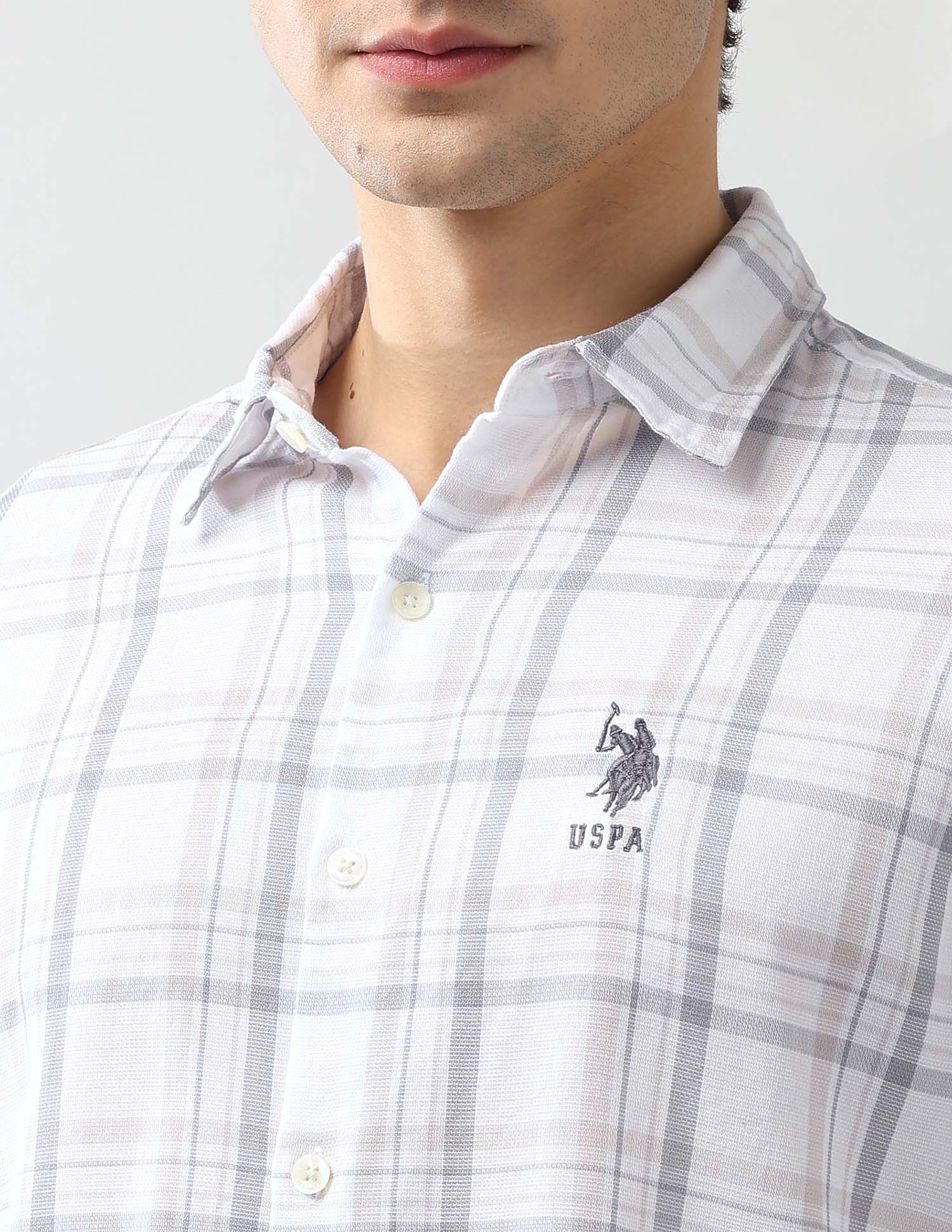 Grid Tattersall Checked Regular Fit Dobby Shirt Ecru - U.S. Polo Assn. India | Large