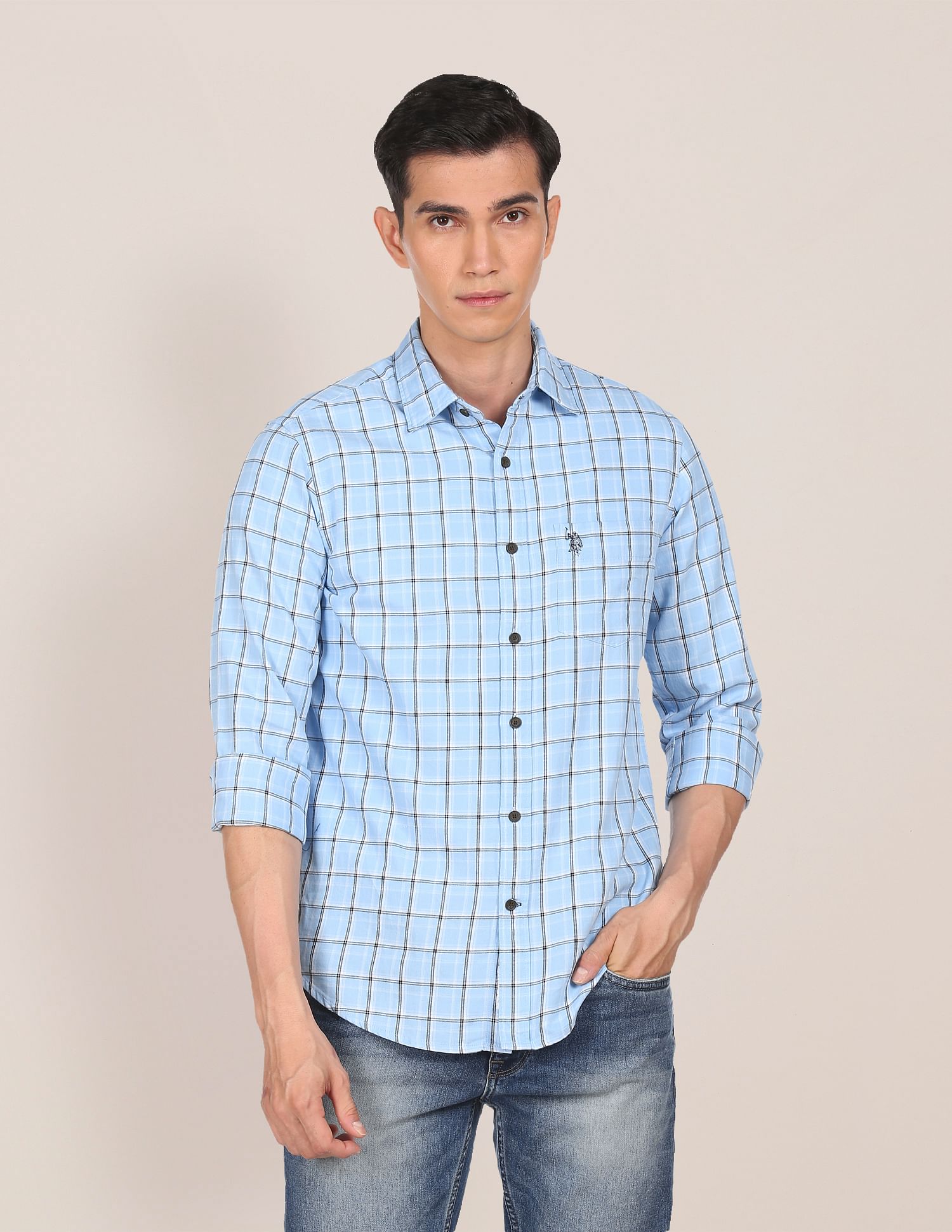 Men Light Blue Pure Cotton Check Casual Shirt Light Blue - U.S. POLO ASSN. | Large