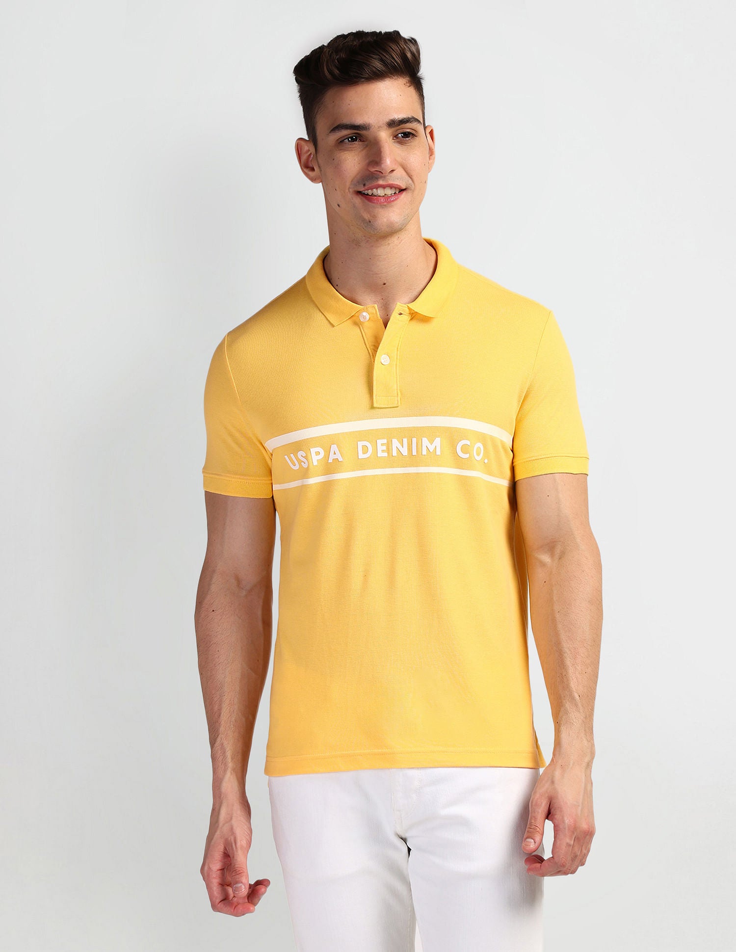 Brand Print Muscle Fit Polo Shirt Yellow - U.S. Polo Assn. India | Large