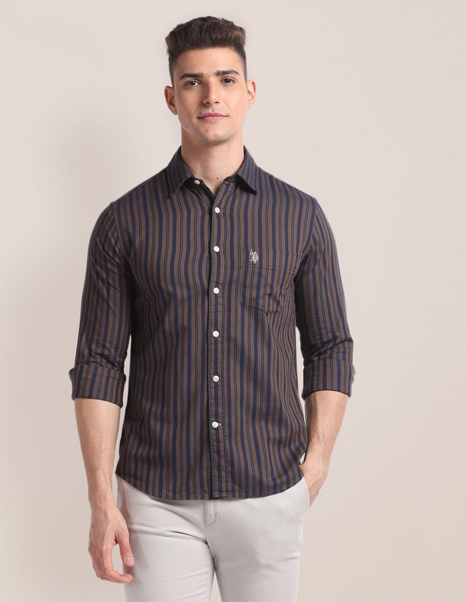 Vertical Stripe Dobby Shirt Brown and Navy - U.S. Polo Assn. India | Large