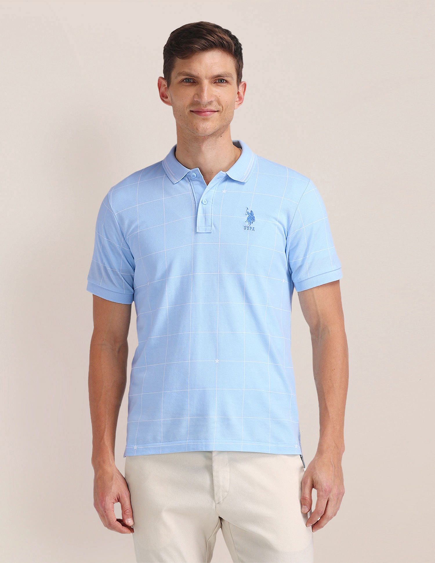 Slim Fit Checked Cotton Polo Shirt Blue - U.S. Polo Assn. India | Large
