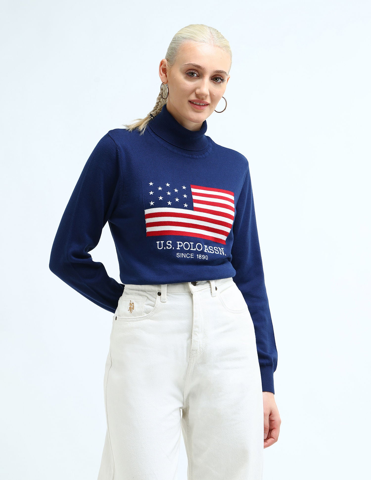 Brand Printed Turtle Neck Sweater Navy - U.S. Polo Assn. India | Large