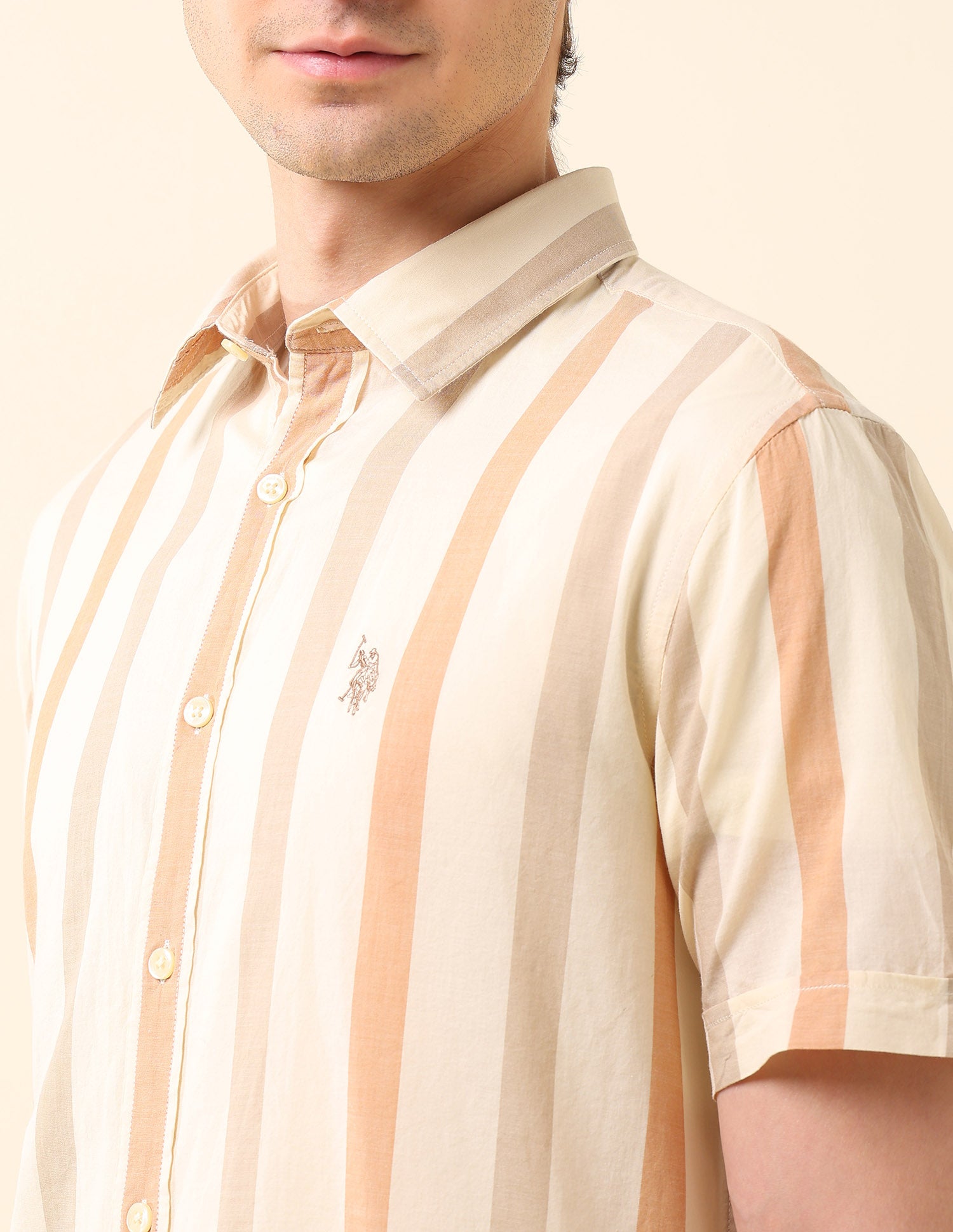 Vertical Striped Poplin Shirt Light Beige - U.S. Polo Assn. India | Large