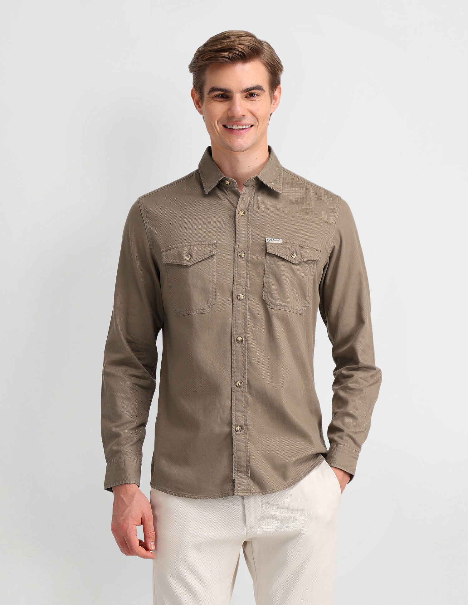 Slim Fit Cavalry Twill Shirt Light Khaki - U.S. Polo Assn. India | Large