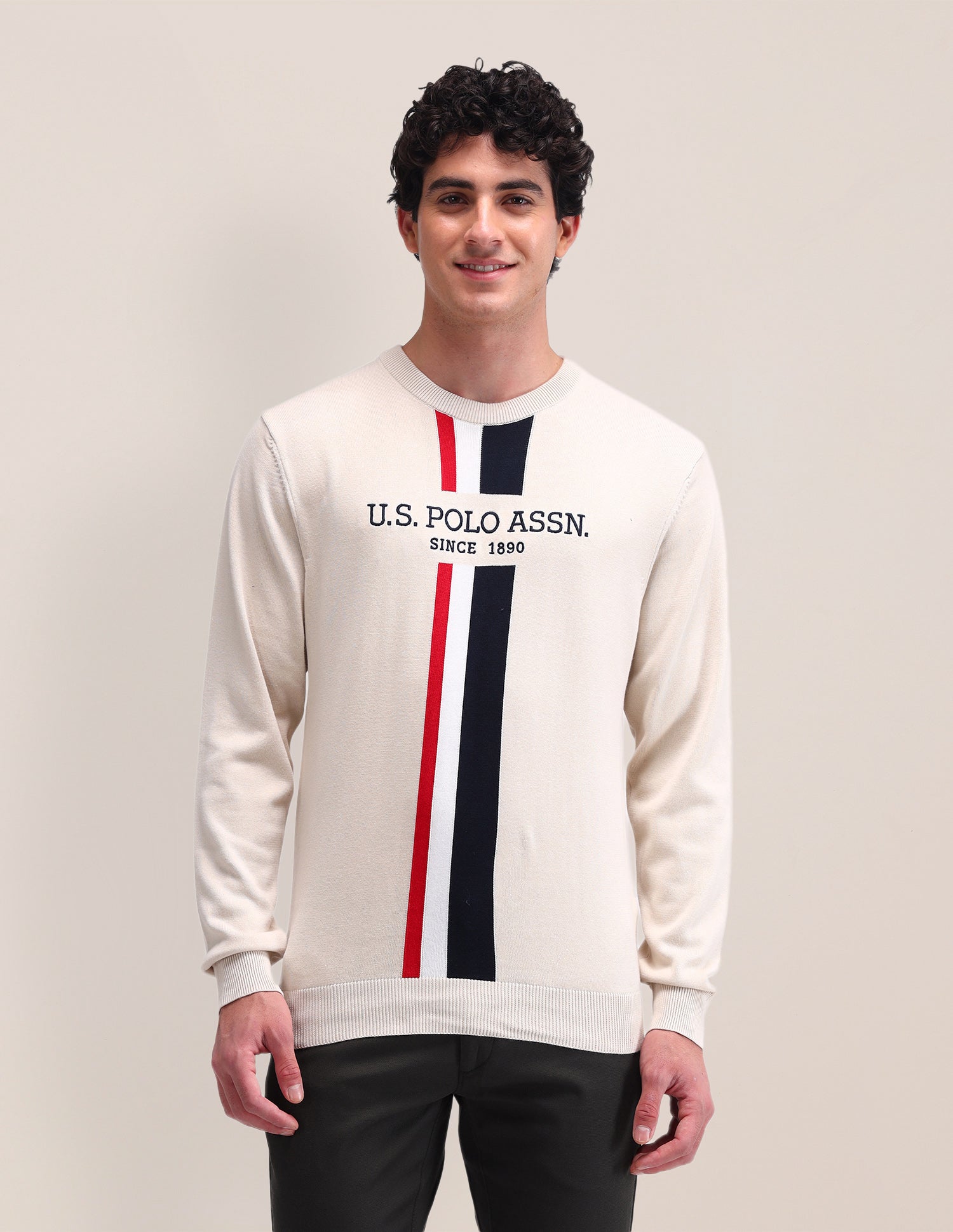 Brand Printed Regular Fit Sweater Off White - U.S. Polo Assn. India | Large