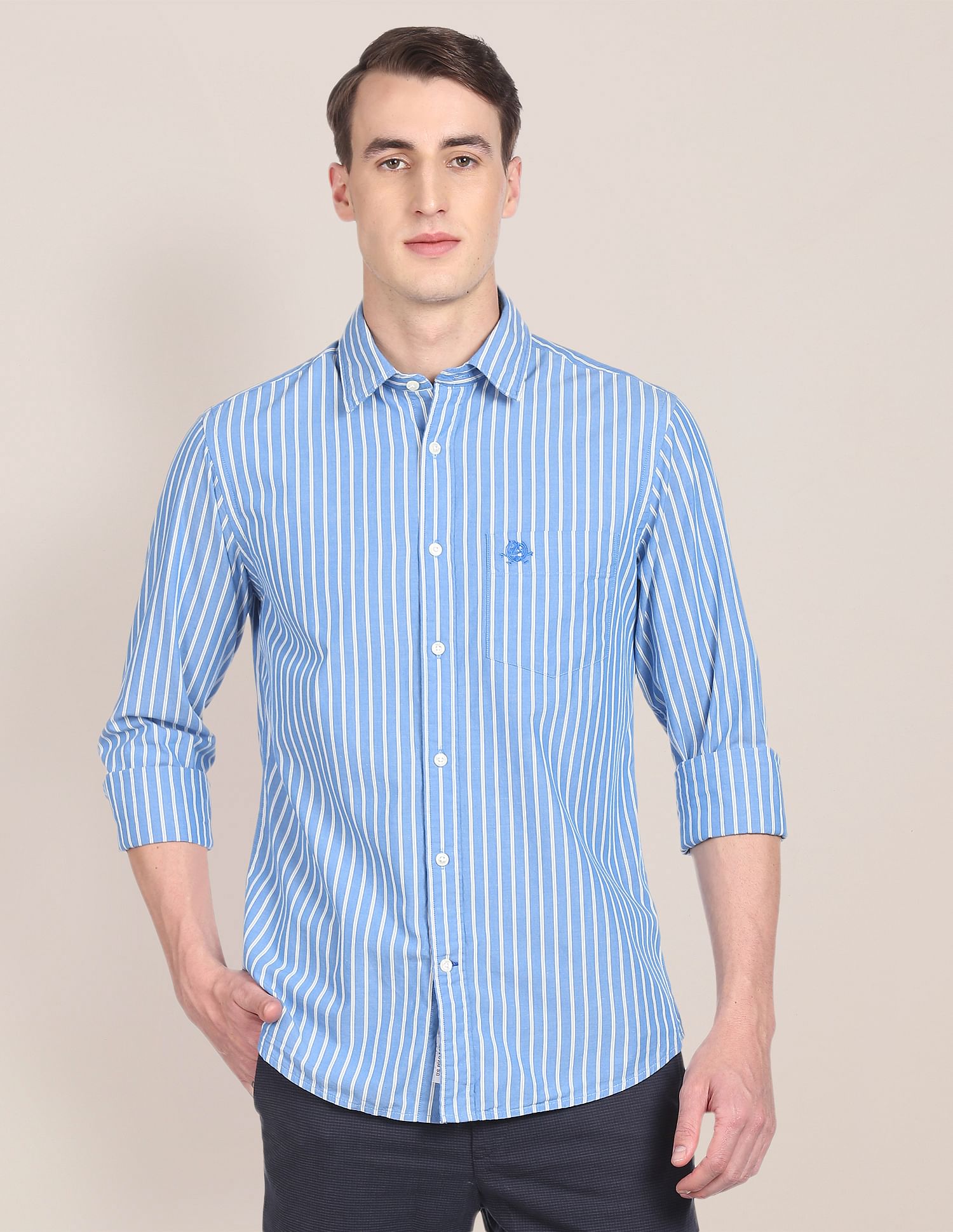 Premium Cotton Vertical Stripe Casual Shirt Blue - U.S. Polo Assn. India | Large